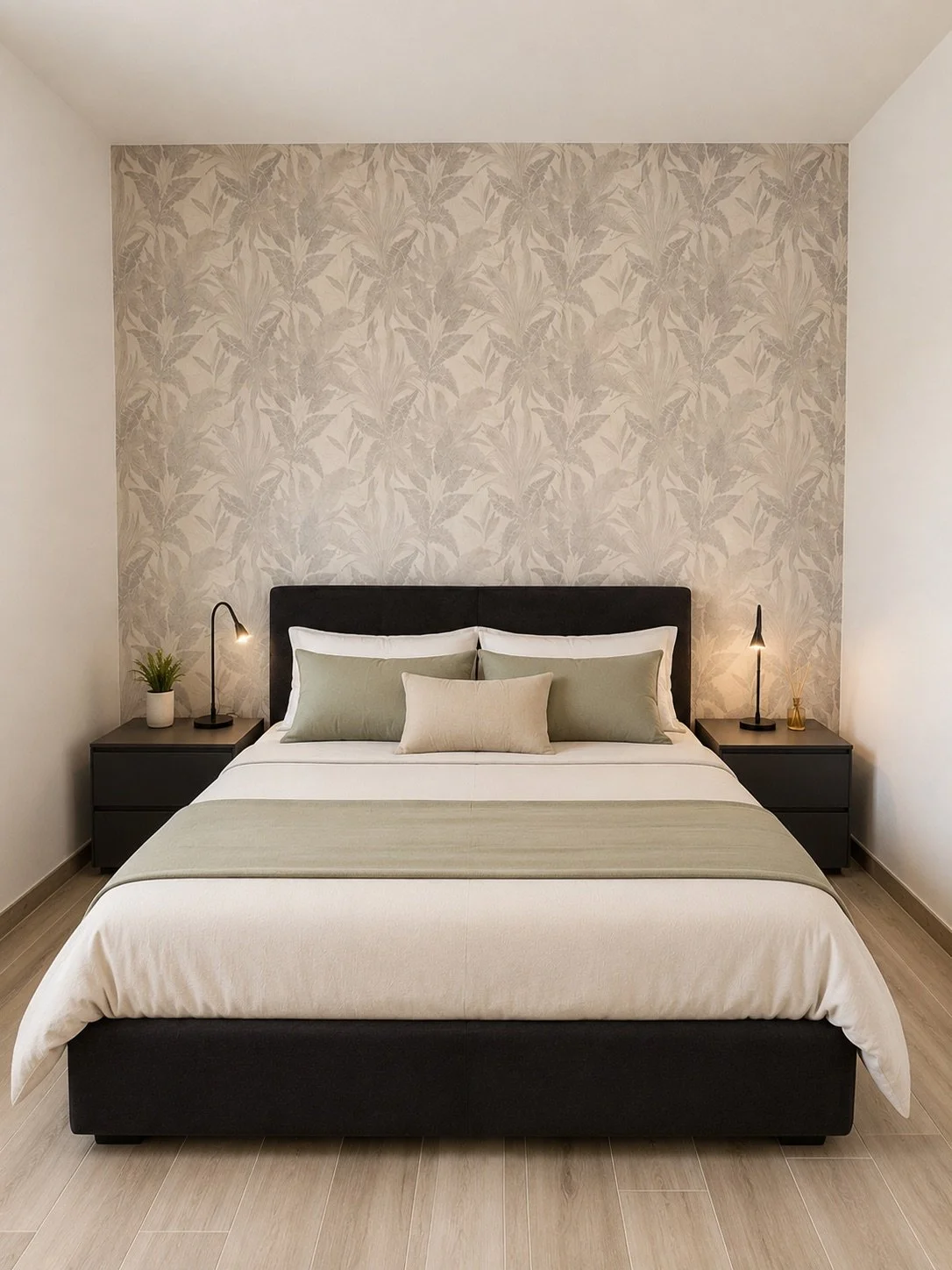 Letto matrimoniale con cuscini e biancheria in toni neutri, lampade da lettura ai lati, notte con pianta e oggetti decorativi, parete con carta da parati floreale