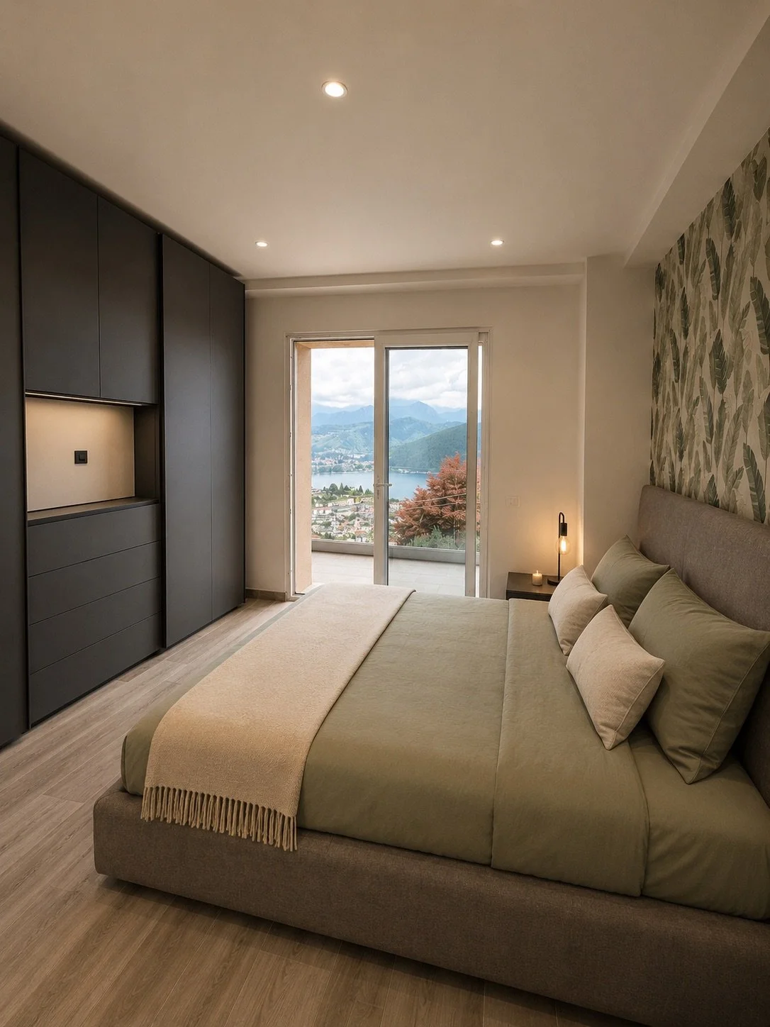 Camera da letto con letto matrimoniale, comodino, lampada da tavolo, vista su lago e montagne attraverso una finestra con porta scorrevole