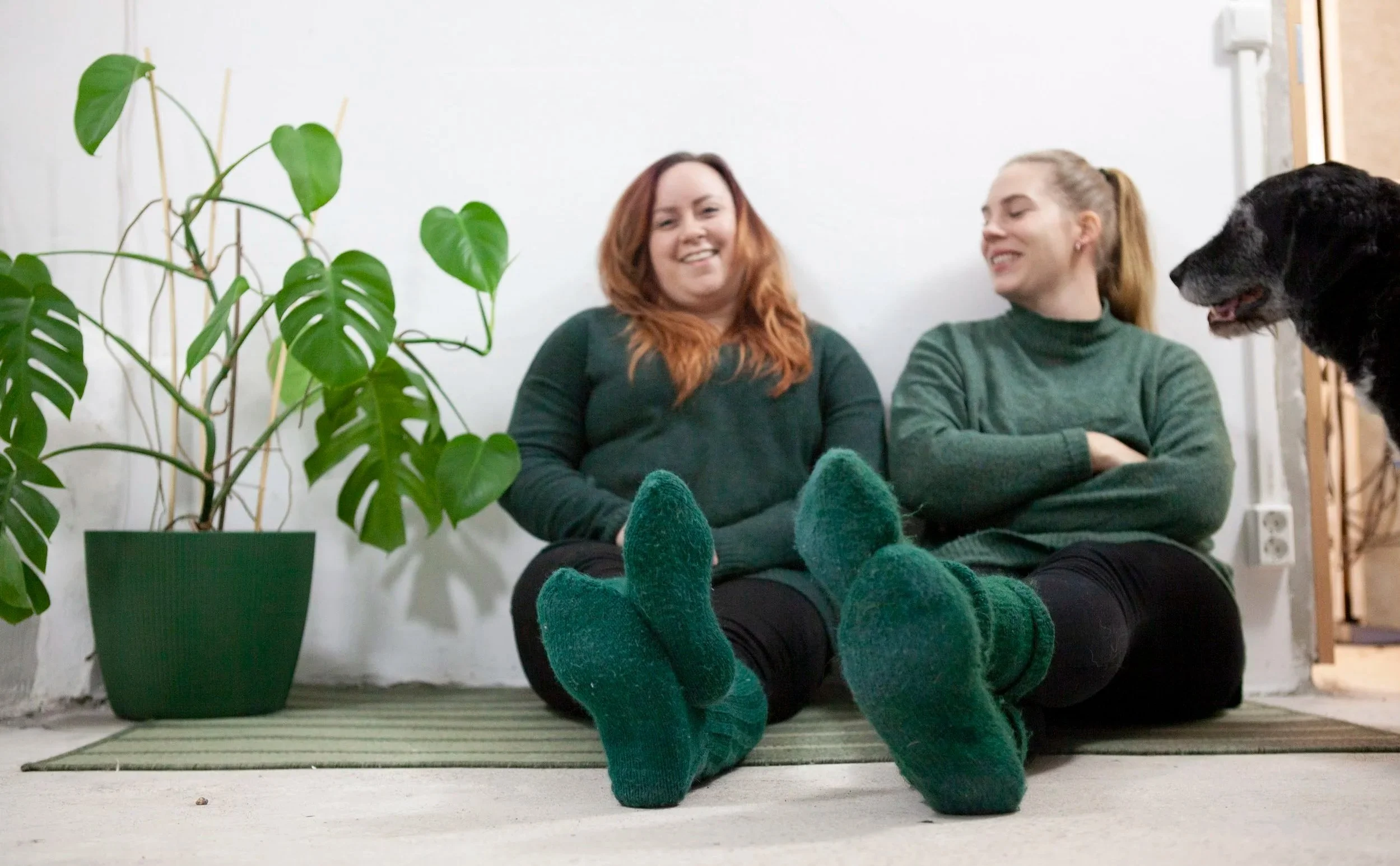 Kaksi kirjanpitopalvelua tarjoavaa yrittäjää istuu lattialla, toisella on punaiset ja toisella vaaleat hiukset, he nauravat.