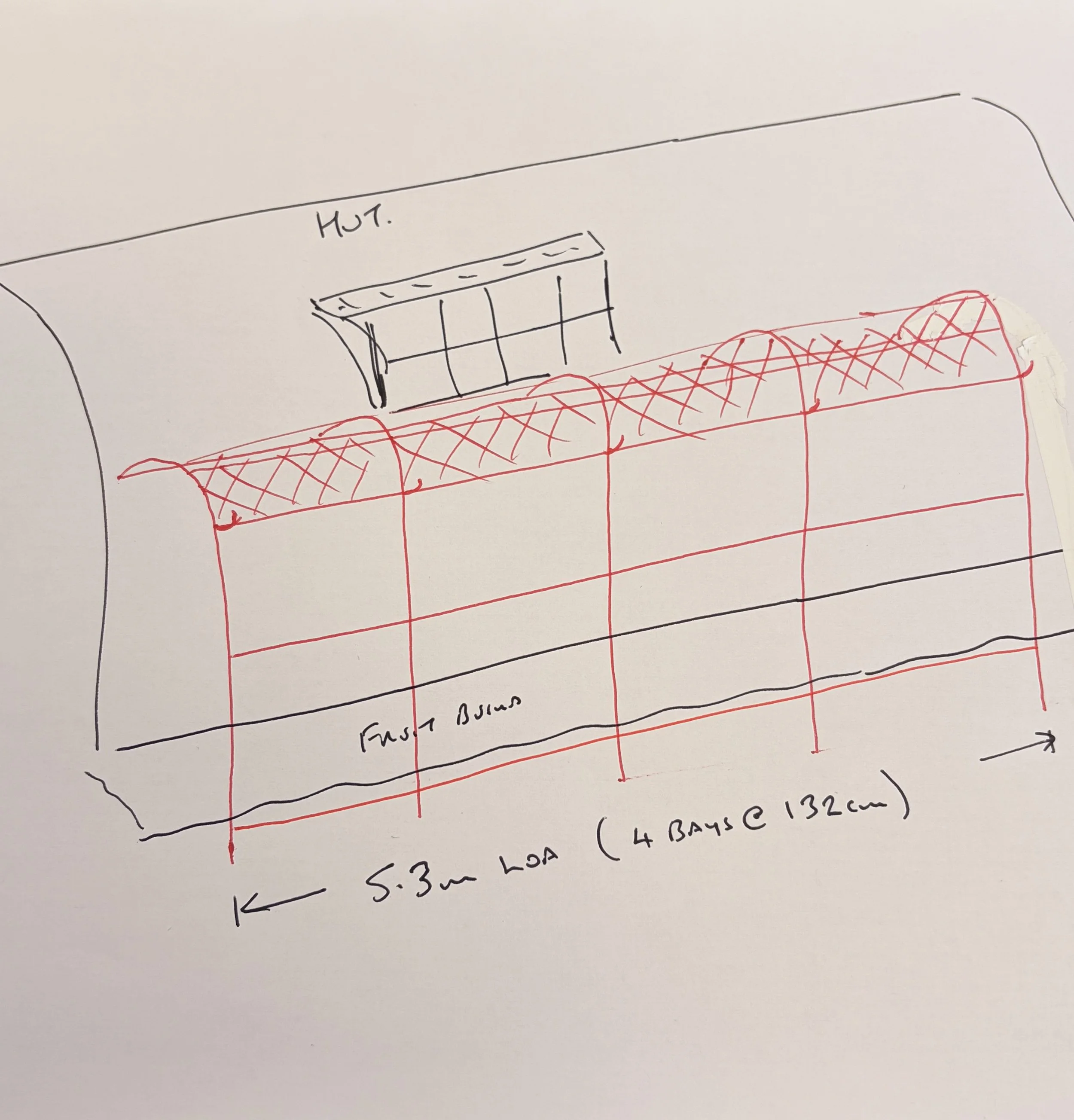 A hand-drawn sketch on paper showing a garden structure with a grid pattern, labeled 'Hut,' with red cross-hatching on the lower part of the drawing, including additional handwritten notes and measurements.
