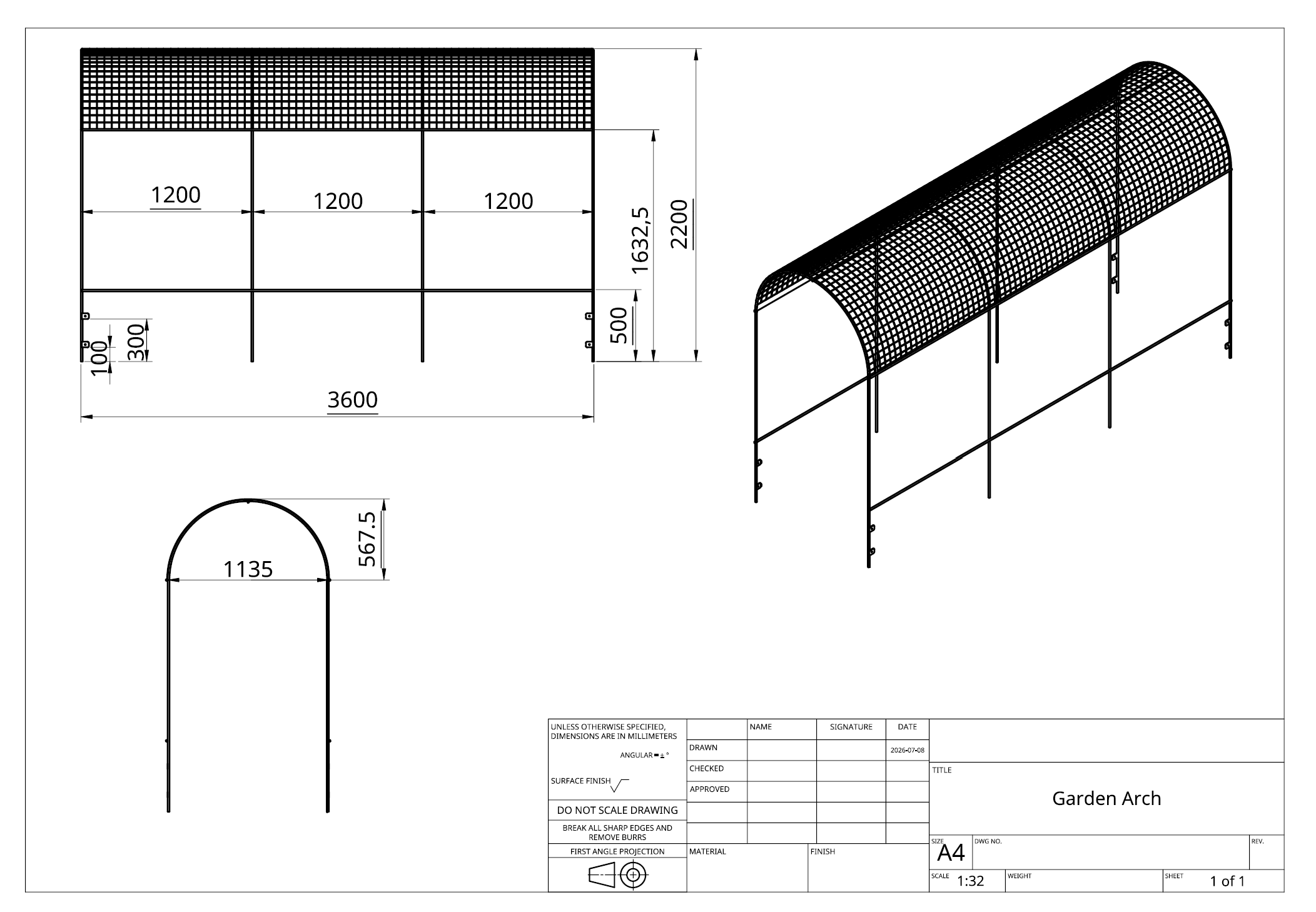 Engineering drawing of a garden arch with dimensions and technical details.