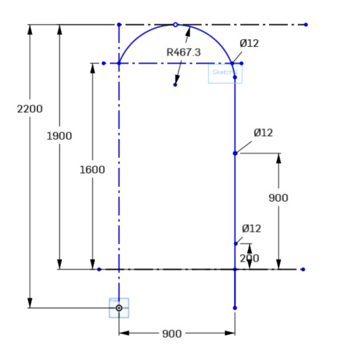 Technical drawing of a structure with a curved top radius of 467.3 mm, vertical and horizontal measurements, and specified diameters of 12 mm at various points.