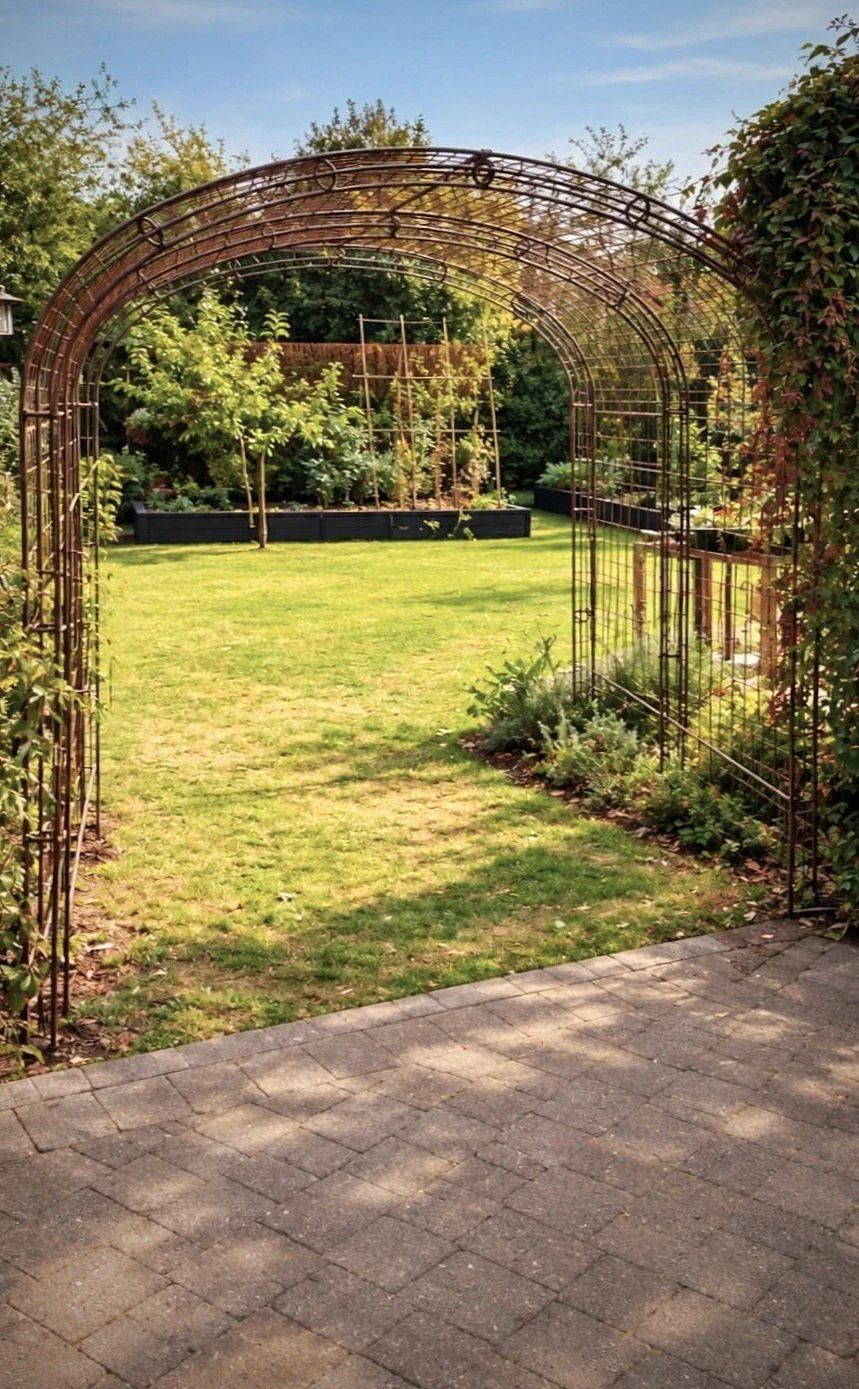 A pretty steel arbour leading into a lovely kept garden