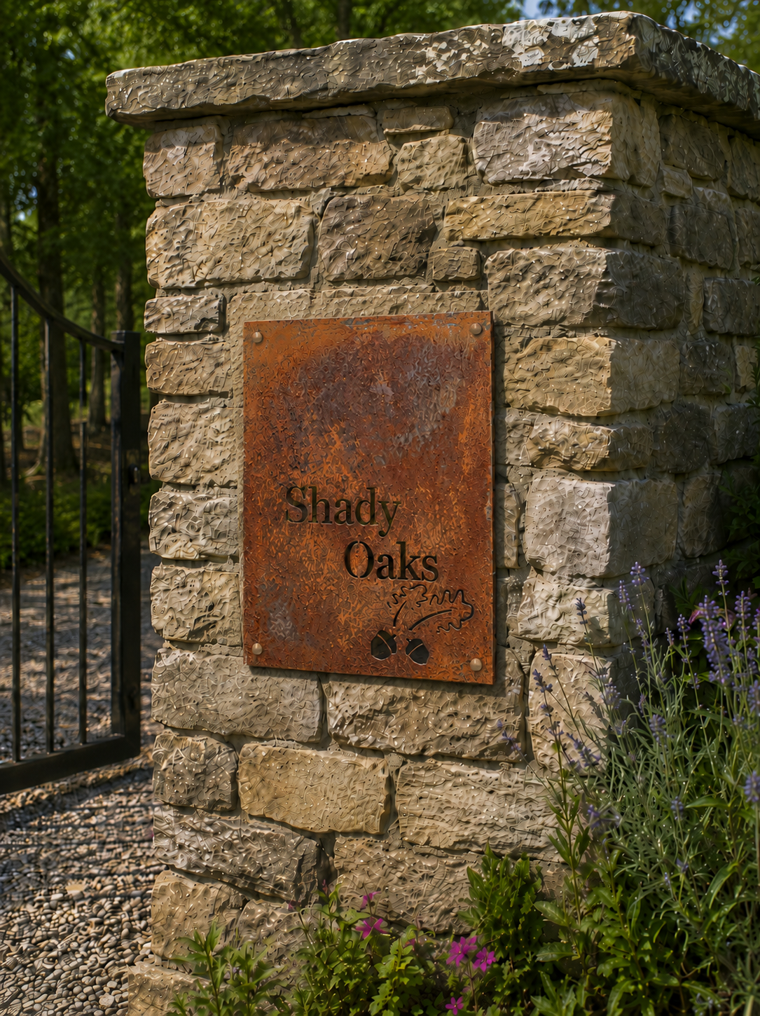 A stone entrance pillar with a rusted metal sign that reads 'Shady Oaks' and features an oak leaf and acorn design. There are plants with purple flowers at the base of the pillar, and a black metal gate is visible to the left.