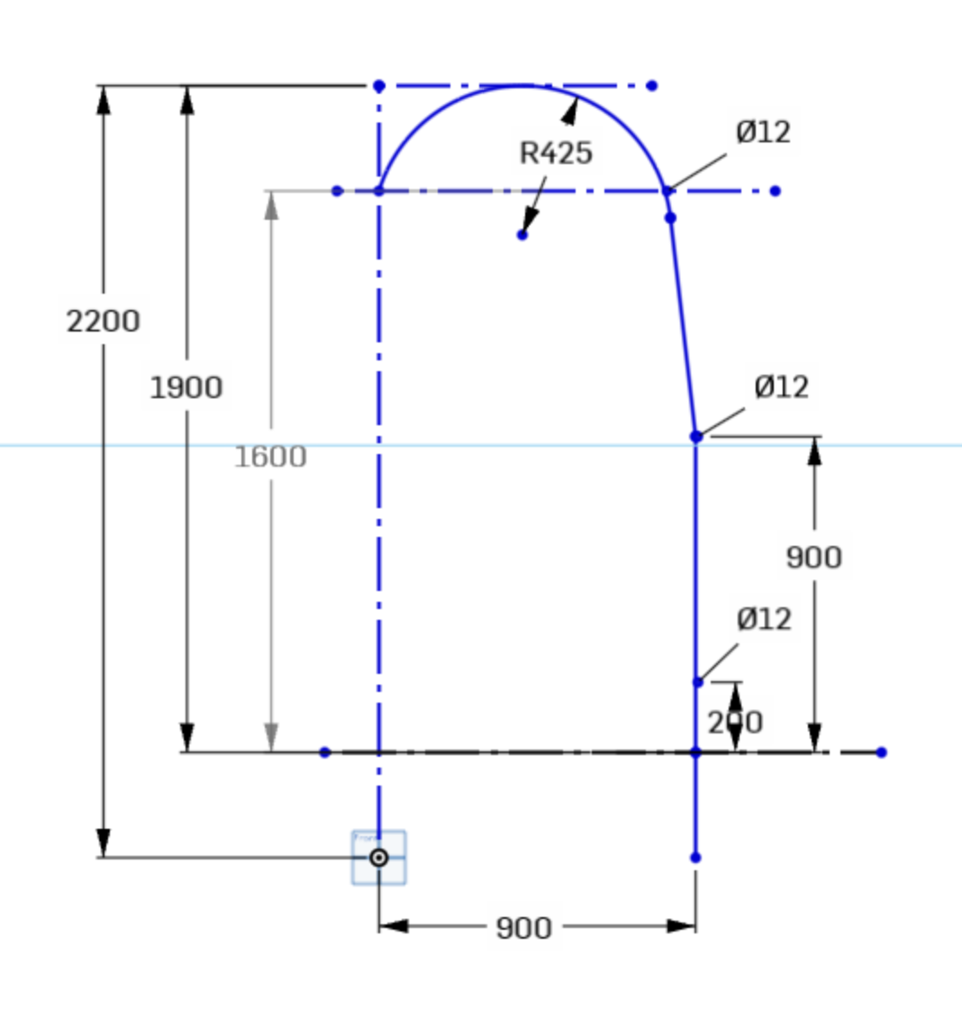 Technical engineering drawing of a garden fruit frame with rounded top corners, showing dimensions, radii, and connection points, marked with measurements and annotations.