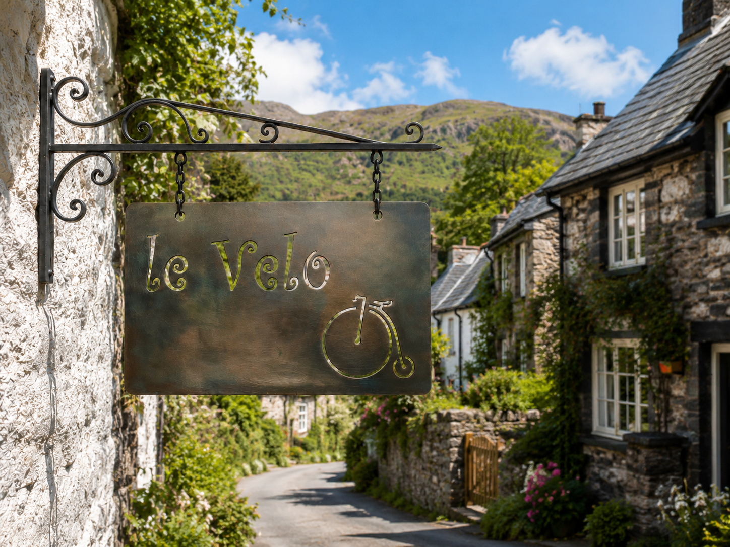 A metal shop sign hanging outside a stone building that reads 'Le Velo' with a bicycle symbol on it. The scene shows a picturesque village with stone houses, lush greenery, a narrow road, and a mountainous background under a partly cloudy sky.