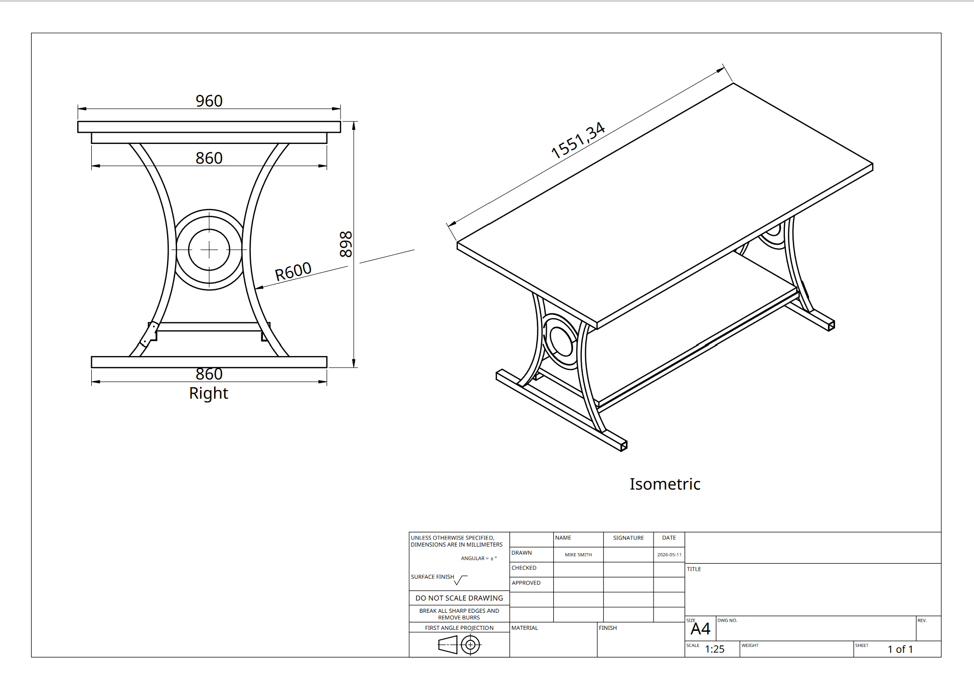 Technical drawing of a table with dimensions, showing a front view and an isometric view, with measurements in millimeters.