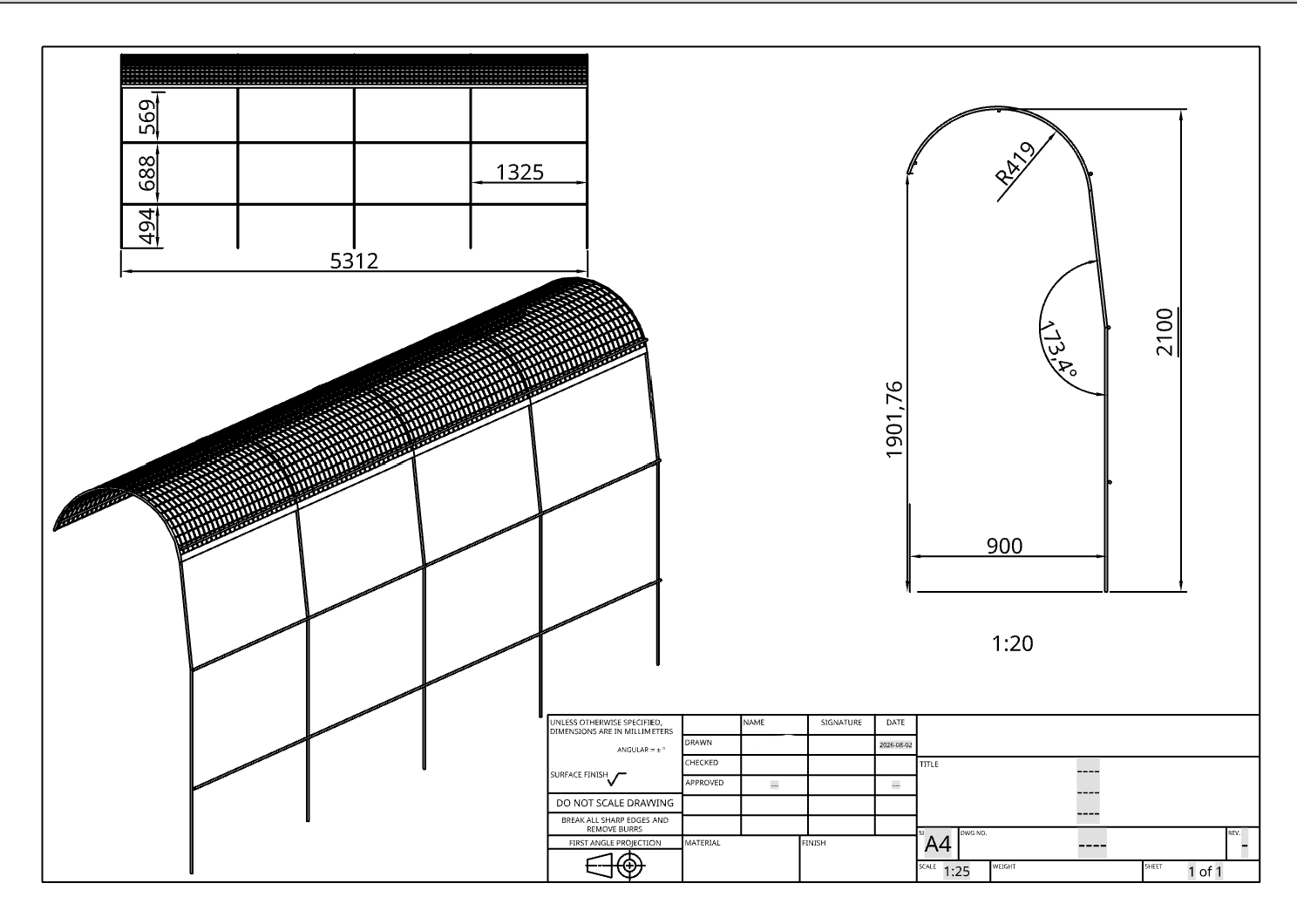 Technical drawing of a curved structure with detailed measurements including lengths, widths, radii, and angles, along with a 3D perspective view and a side profile view.