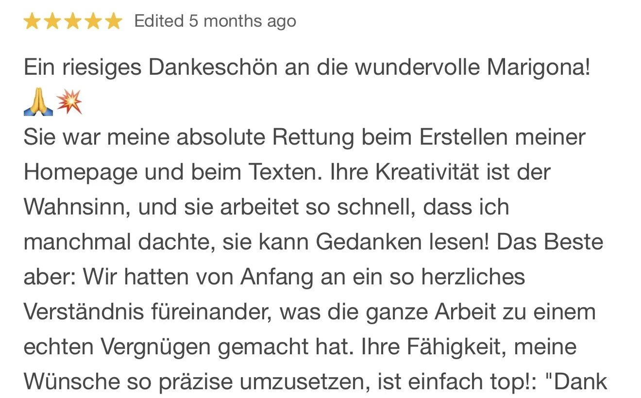 Screenshot einer Bewertung auf Deutsch mit fünf Sternen, Text über eine Margherita-Pizza, Dankbarkeit und positive Erfahrung.