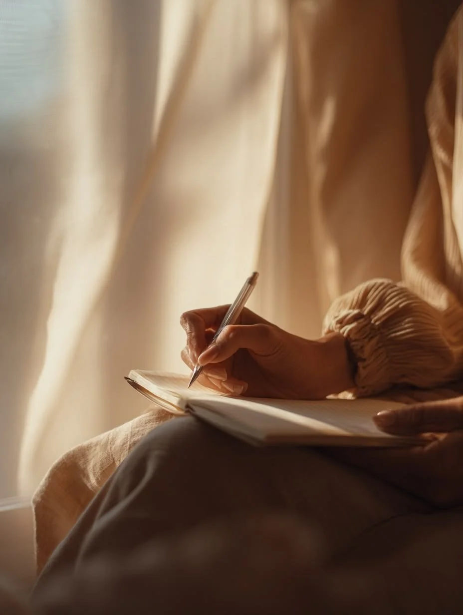 Eine Person, die im Kerzenlicht in ein Notizbuch schreibt, sitzend vor einem Fenster mit cremefarbenen Vorhängen.