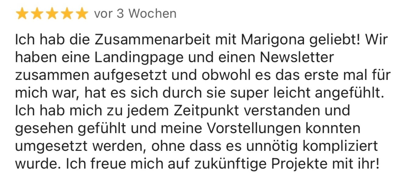 Bewertung mit fünf Sternen und Text in deutscher Sprache, der positive Erfahrungen mit Marigona und gemeinsamen Projekten beschreibt.