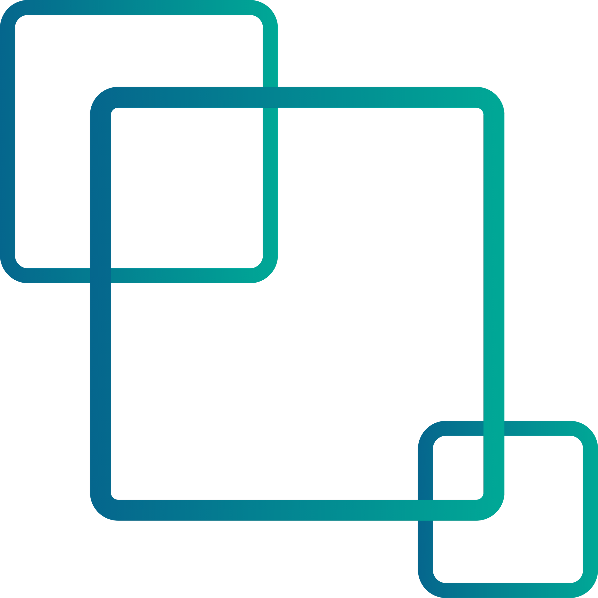 Stylized logo with overlapping squares and rounded edges in shades of blue and black.