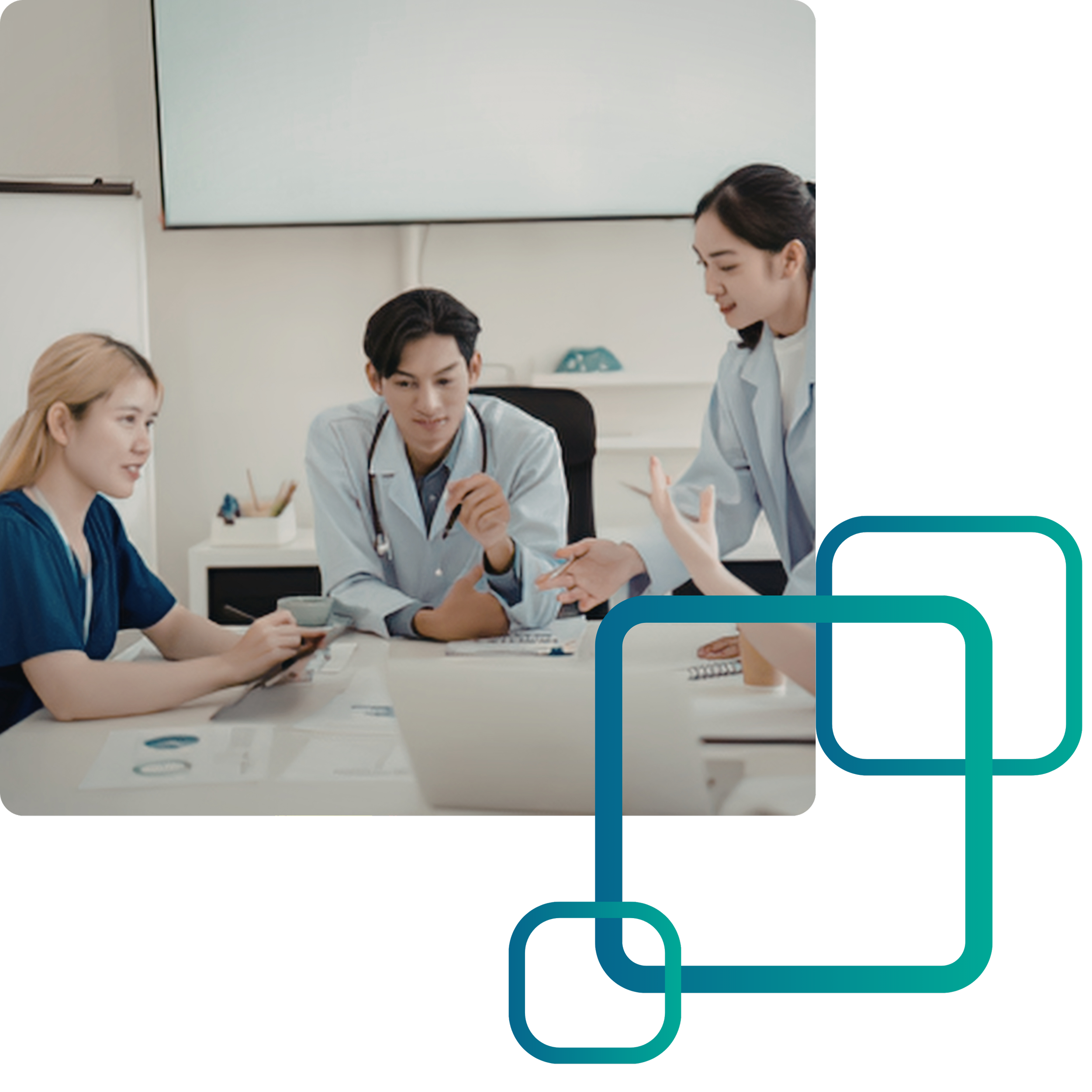 Medical professionals in white coats attending to a patient in a healthcare setting.