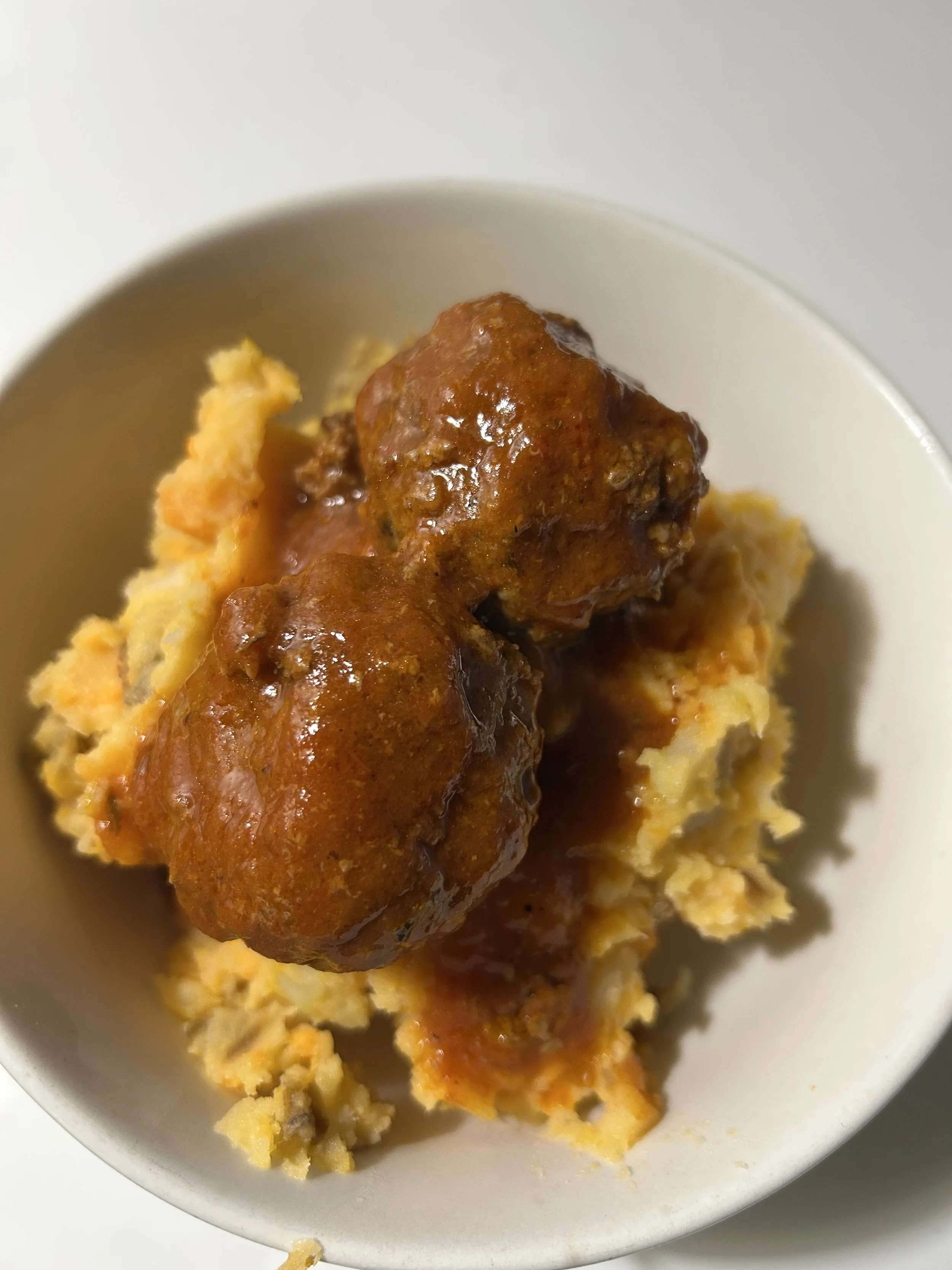 Meatloaf Meatballs with Mixed Mashed Potatoes