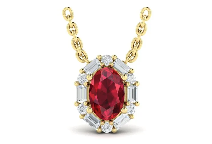 Ruby Oval and Diamond Baguette Pendant