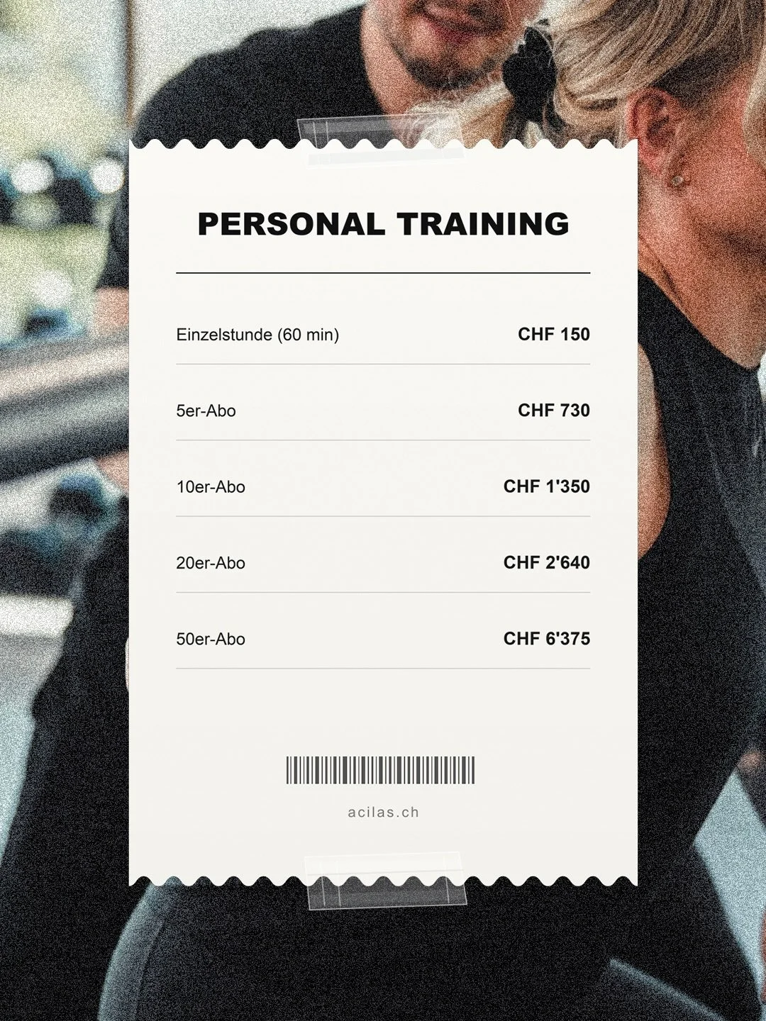 SPEND YOUR MONEY RIGHT 🧾💸

Was passt zu deinem Ziel? Hier findest du alle unsere Angebote und Preise schwarz auf weiss. Von Open Gym und Gruppenkursen &uuml;ber Personal Training und Ern&auml;hrungsplanung bis zu Physiotherapie, VALD- und Uvida-Ana