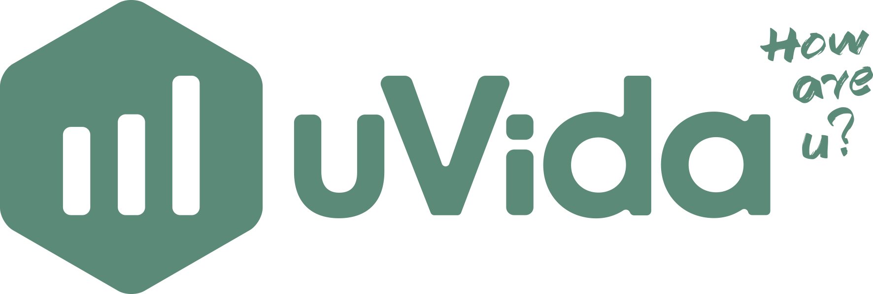 Das Logo von UVida, bestehend aus einem grünen Hexagon mit weißen vertikalen Linien, und der Schriftzug 'UVida' neben dem Text 'How are u?' in handschriftartähnlicher Schrift.