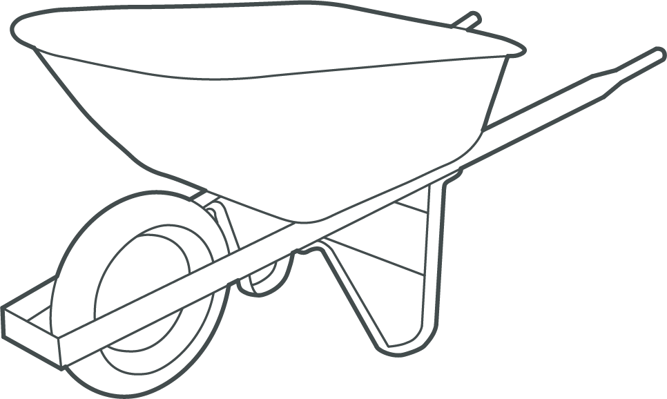 Line drawing of a wheelbarrow.