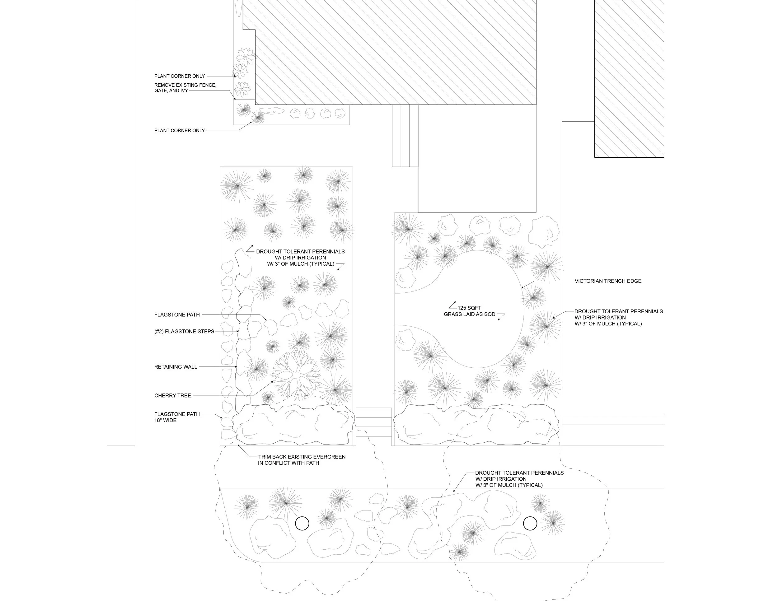 Landscape design plan showing areas for drought-tolerant perennials, flagstone pathways, retaining wall, cherry tree, gravel area, Victorian trench edge, and various plantings with notes on irrigation and mulch.
