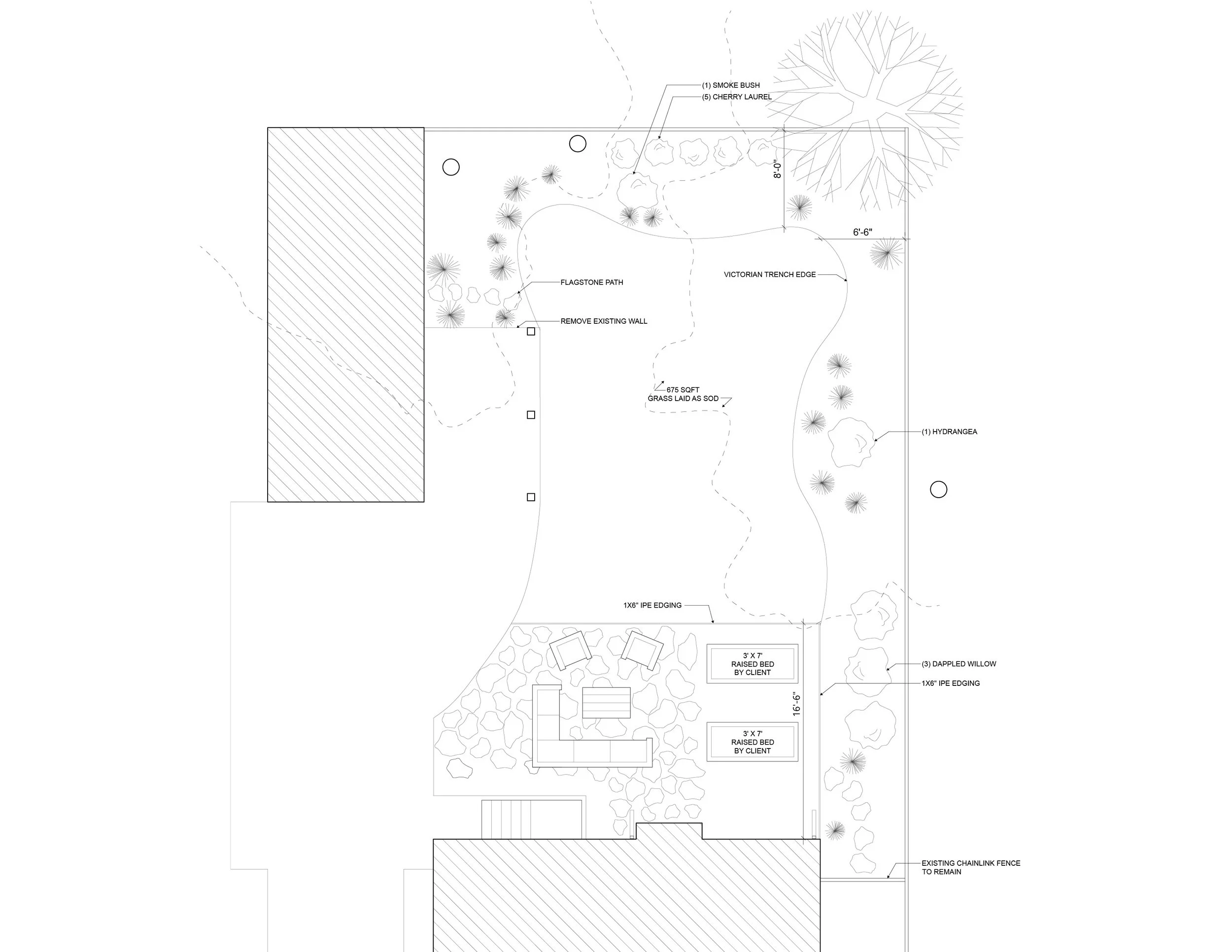 Landscape design plan showing various garden elements, including a tree, shrubs, raised beds, a fire pit, natural stone borders, and drought-tolerant plants.