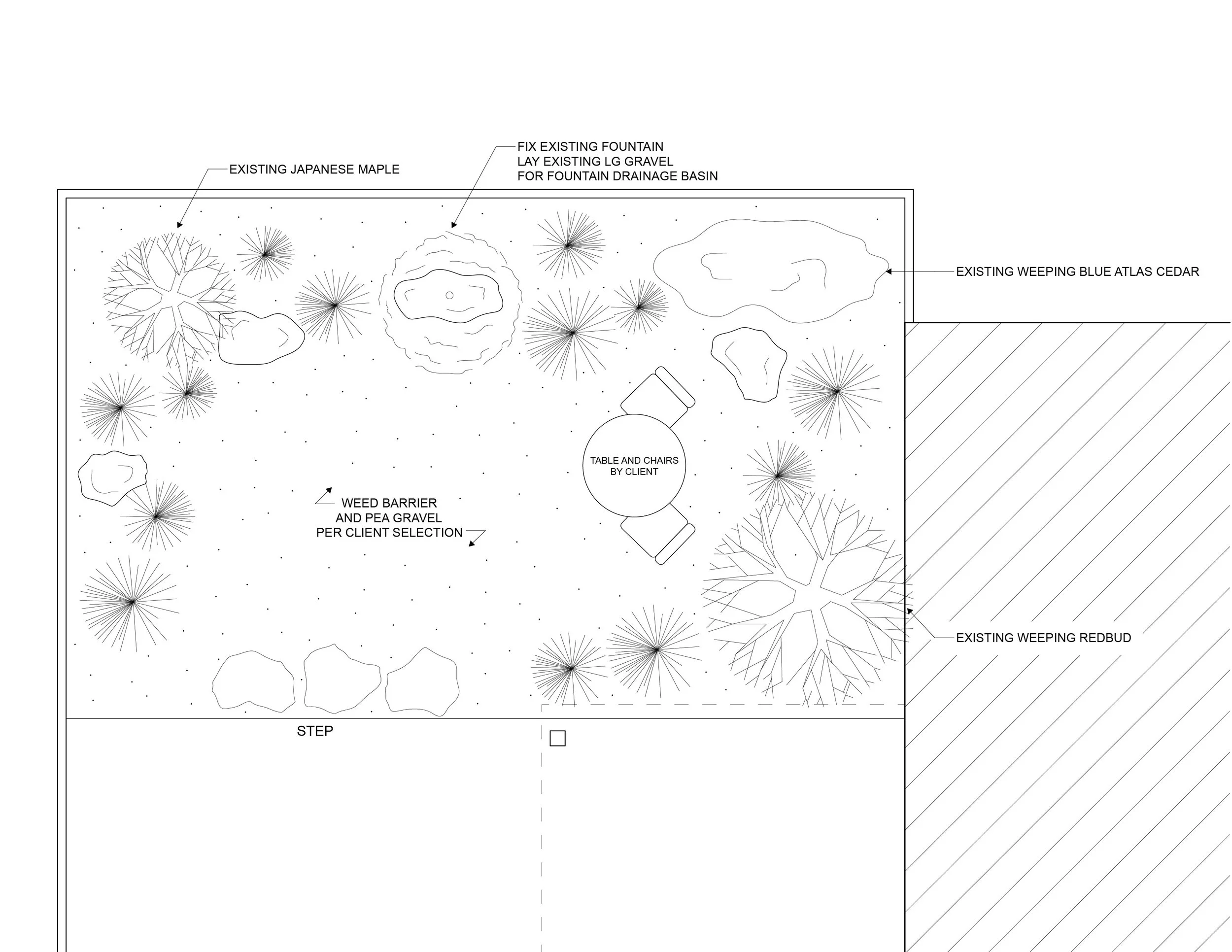 Landscape design plan with labeled features including existing Japanese maple, weeping blue atlas cedar, weeping redbud, gravel and pea gravel areas, a table and chairs, rocks, and pathways.