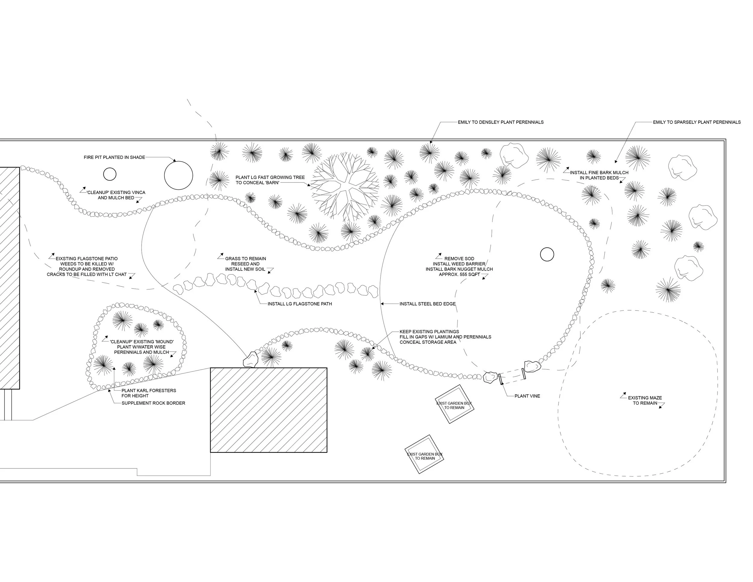 Landscape design plan featuring trees, shrubs, and pathways with notes on plantings, mulch, and structures.