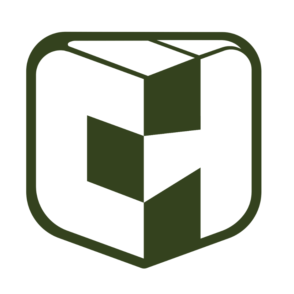 Confluence Construction: A bold geometric icon for Confluence Construction featuring a stylized three-dimensional cube with a negative space "C" letterform in deep olive green, conveying structural precision and modern craftsmanship.
