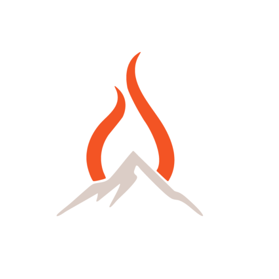 Montana Fire Pits: A stylized campfire icon for Montana Fire Pits featuring two bold orange-red flame wisps rising from a minimalist mountain silhouette in warm gray, evoking rugged Montana landscapes and the warmth of an outdoor fire pit.