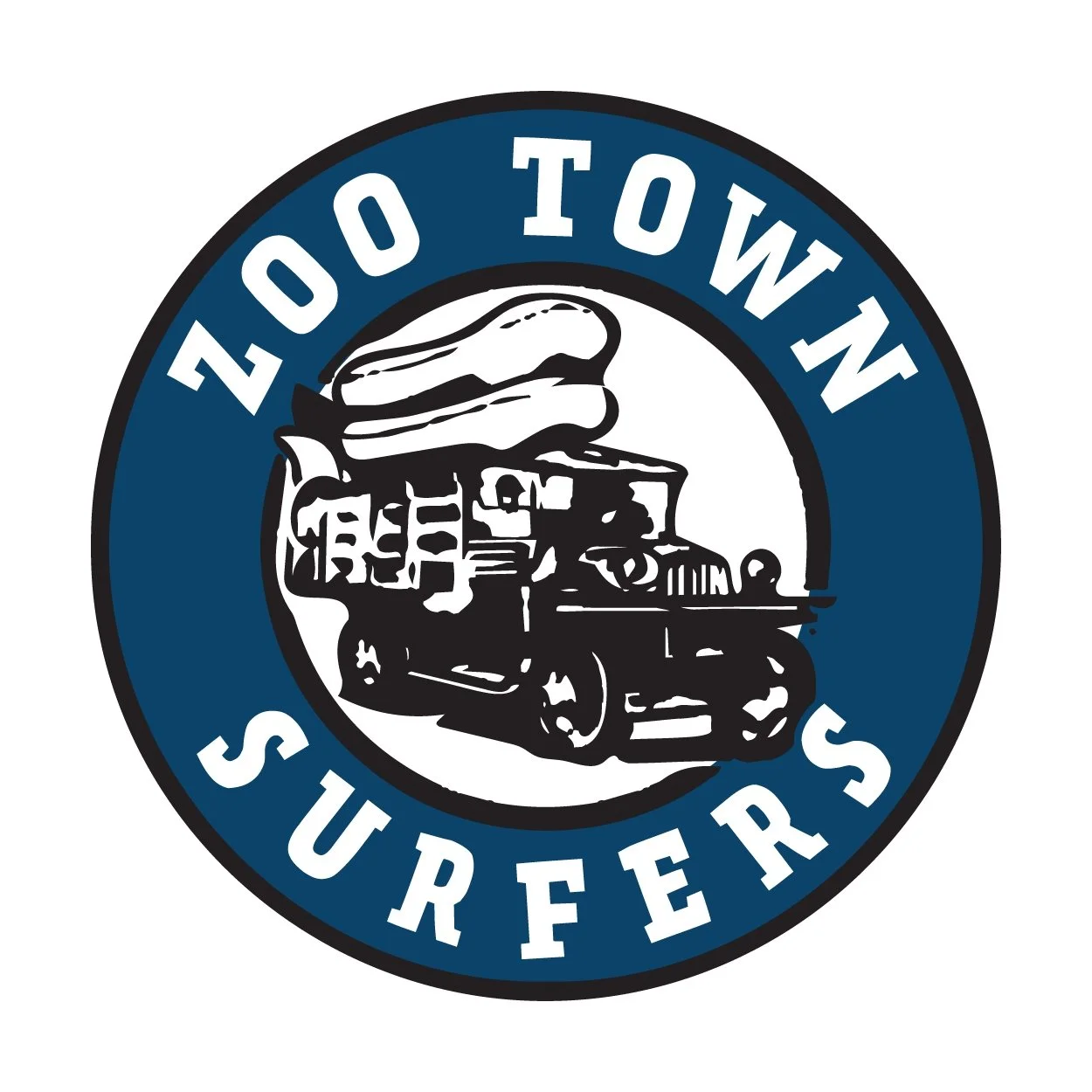 Zoo Town Surfers: A circular badge logo for Zoo Town Surfers featuring a vintage truck hauling stacked rafting boats in navy blue and white, blending rugged river culture with a bold retro sports emblem style.
