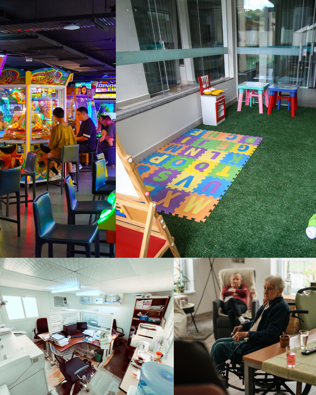 Collage of four images: a arcade with people playing games; a children's play area with a colorful alphabet floor mat and small furniture; a cluttered office with desks, papers, and equipment; elderly women in a care home.