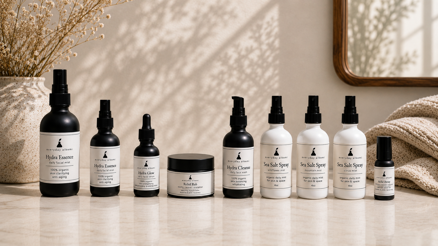 All natural products from Everyday Alkemi include organic room and body spray, natural pain relief and organic skincare routine