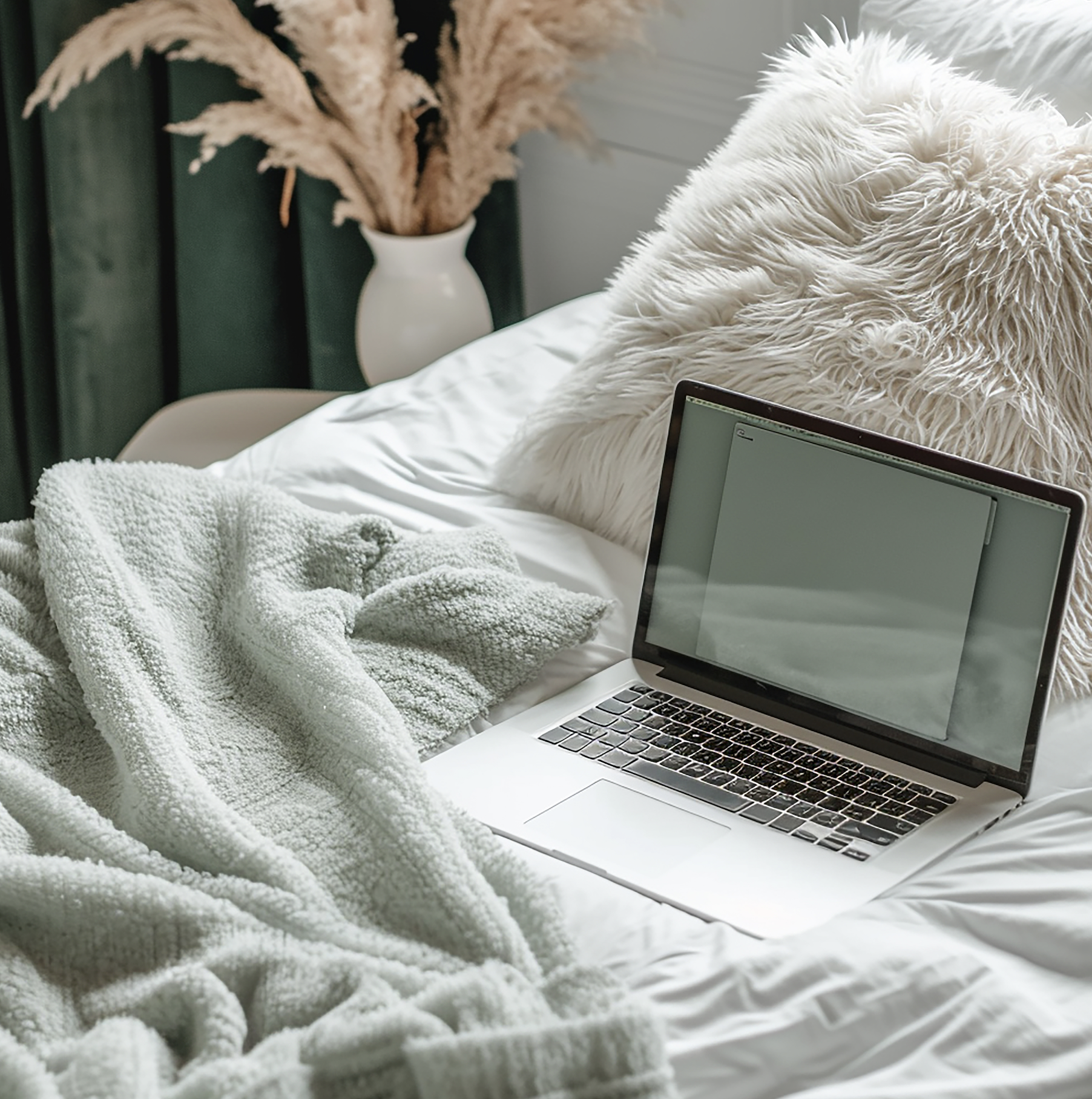 A cozy bed with white bedding, a fluffy white pillow, a knitted blanket, a silver laptop, in a room with a vase of pampas grass in the background.