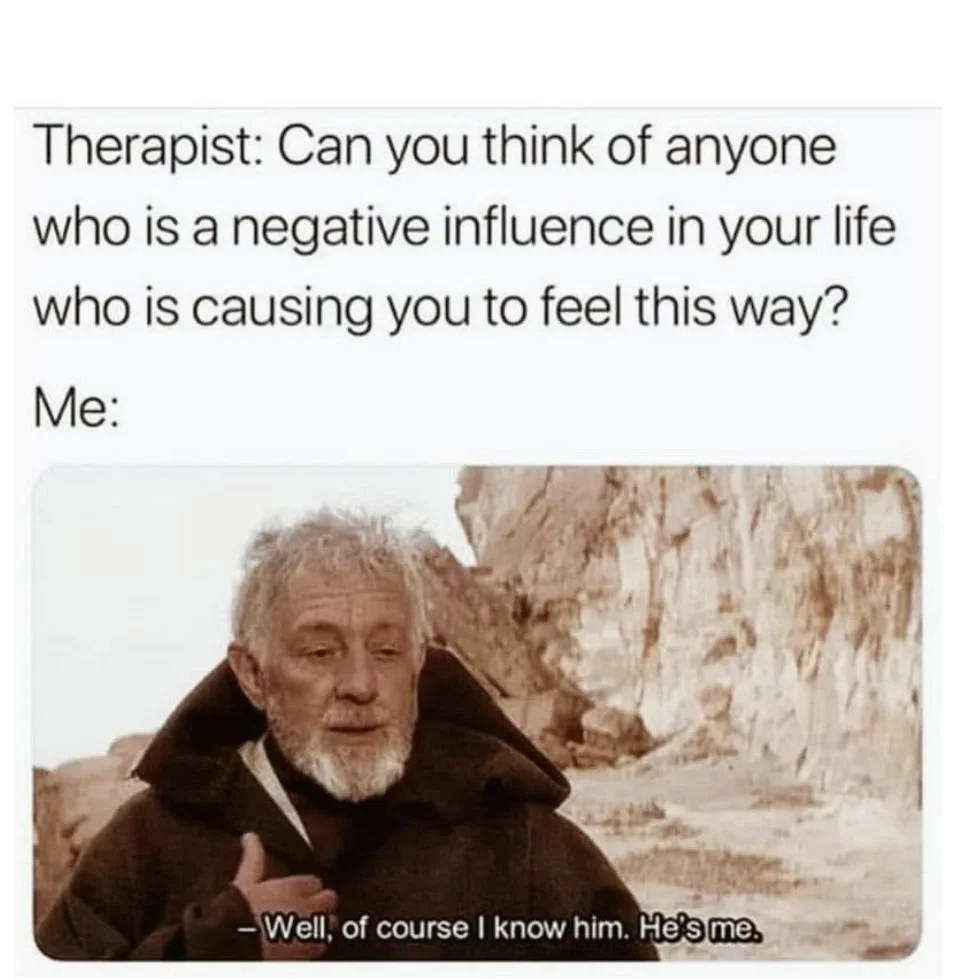 Therapy supporting individuals using humor and dark humor as a coping tool for trauma. Therapy meme.