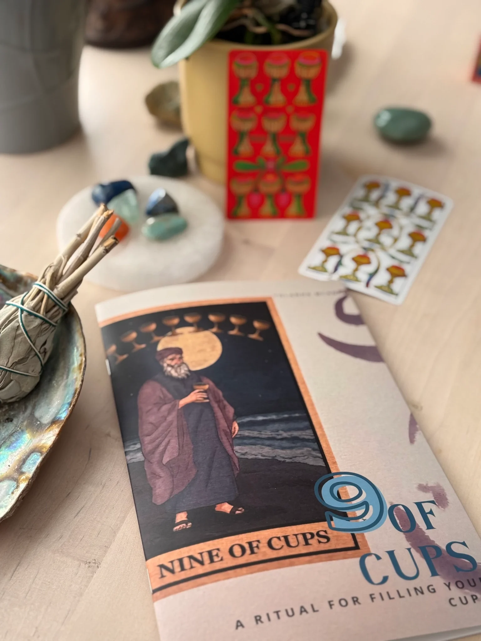 A table with a tarot card, small stones, a potted plant, and a booklet about nine of cups card, surrounded by various objects.