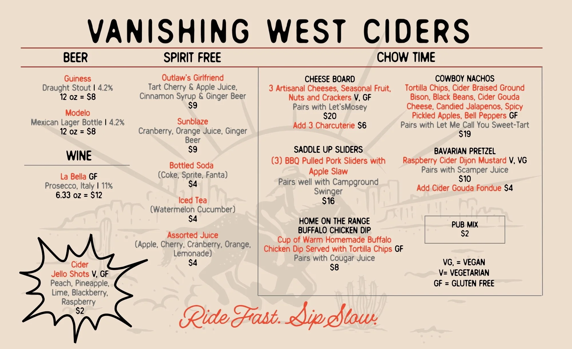 Vanishing West Ciders Beer, wine and food menu