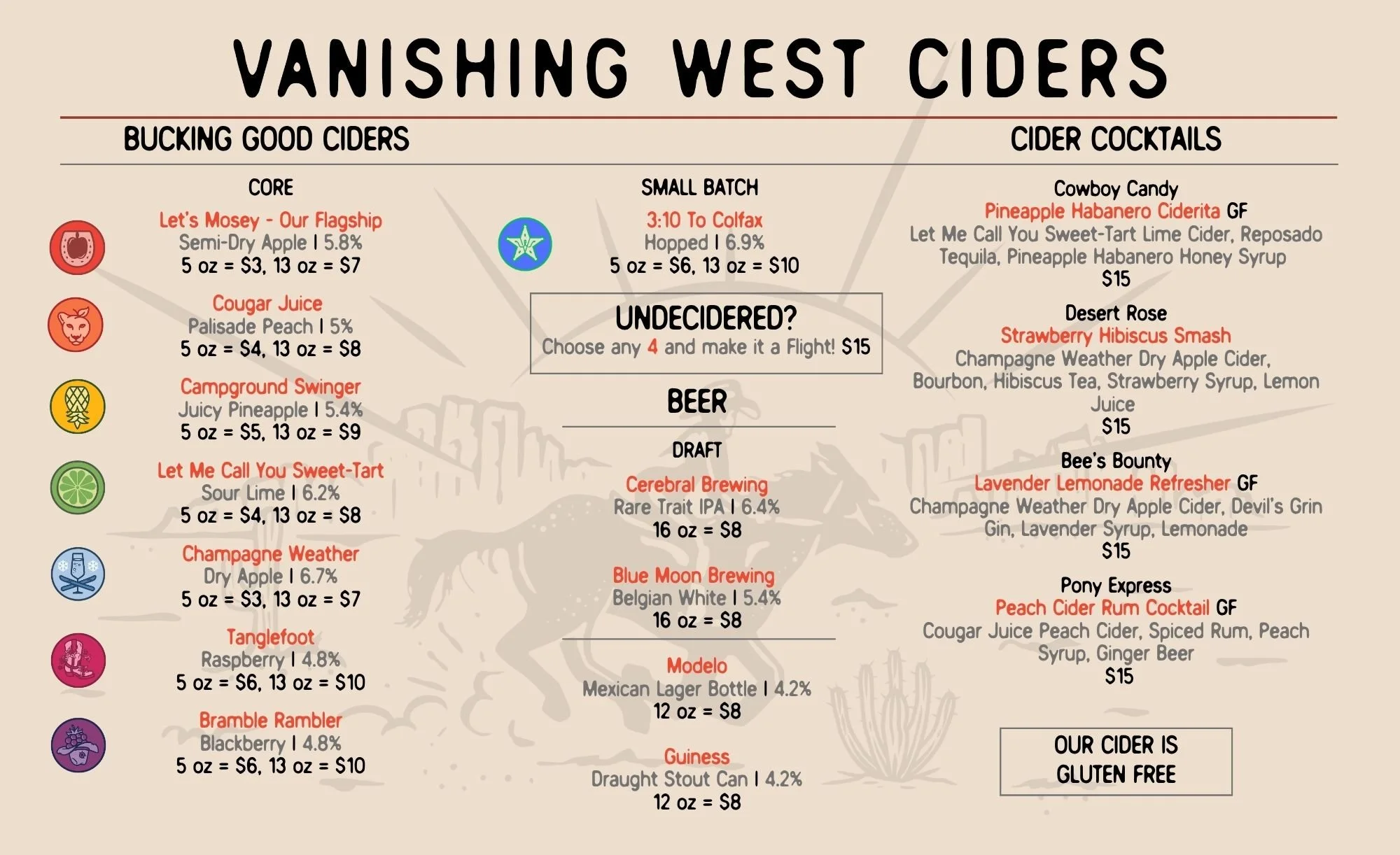 Vanishing West Ciders Cider and Cocktail Menu