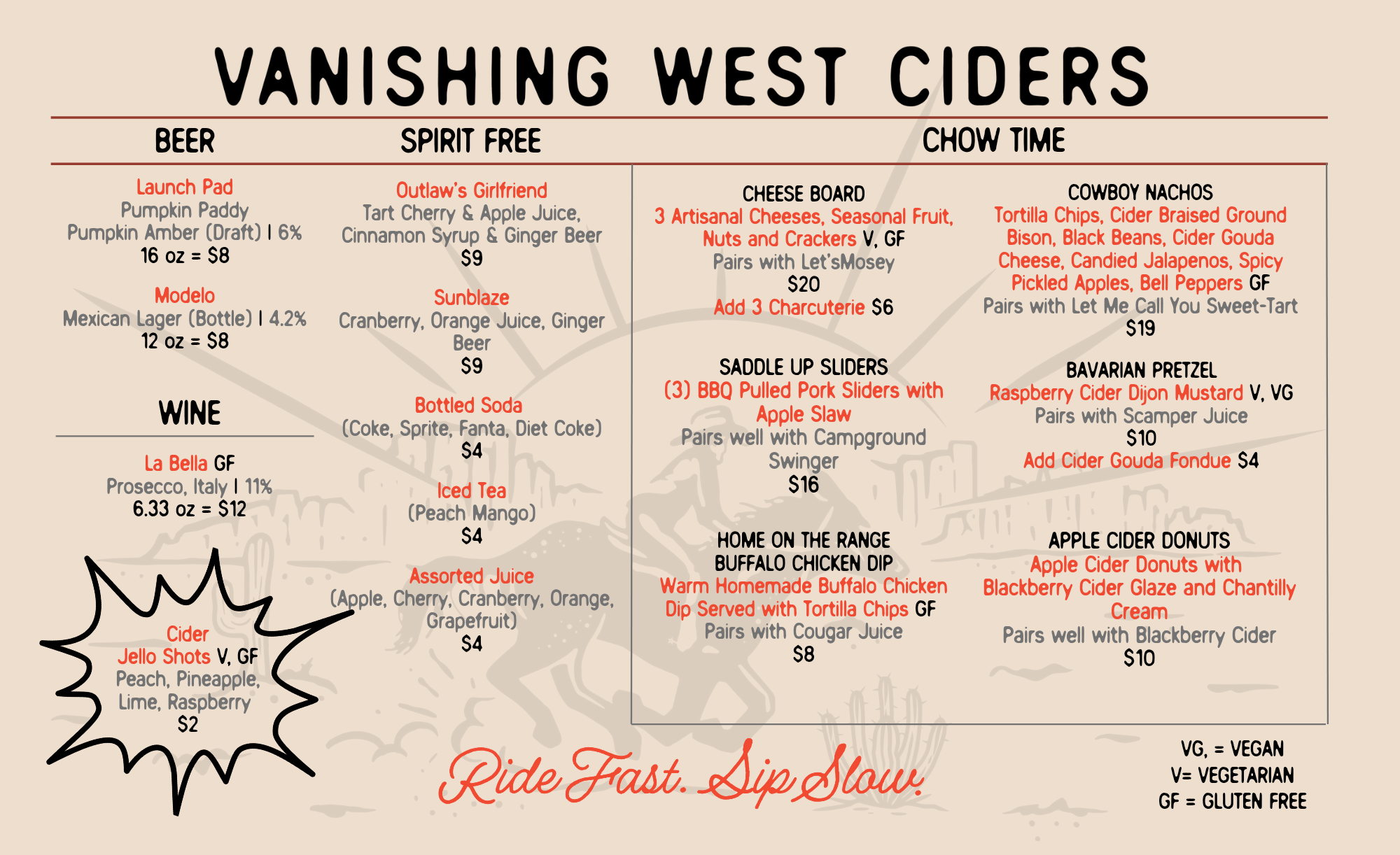 Vanishing West Ciders Beer, wine and food menu