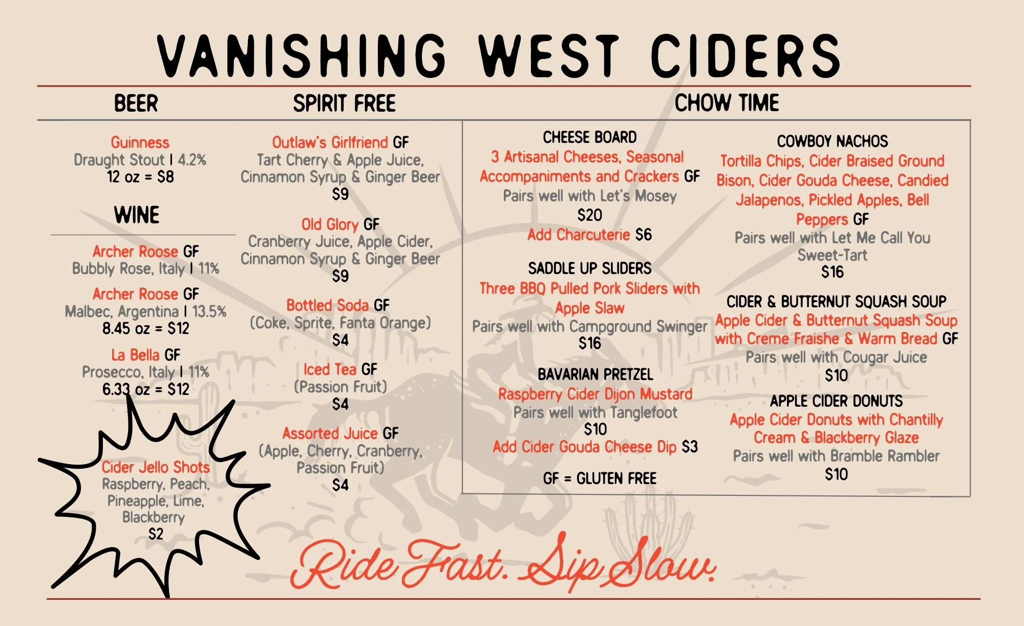 Vanishing West Ciders Beer and Food Menu