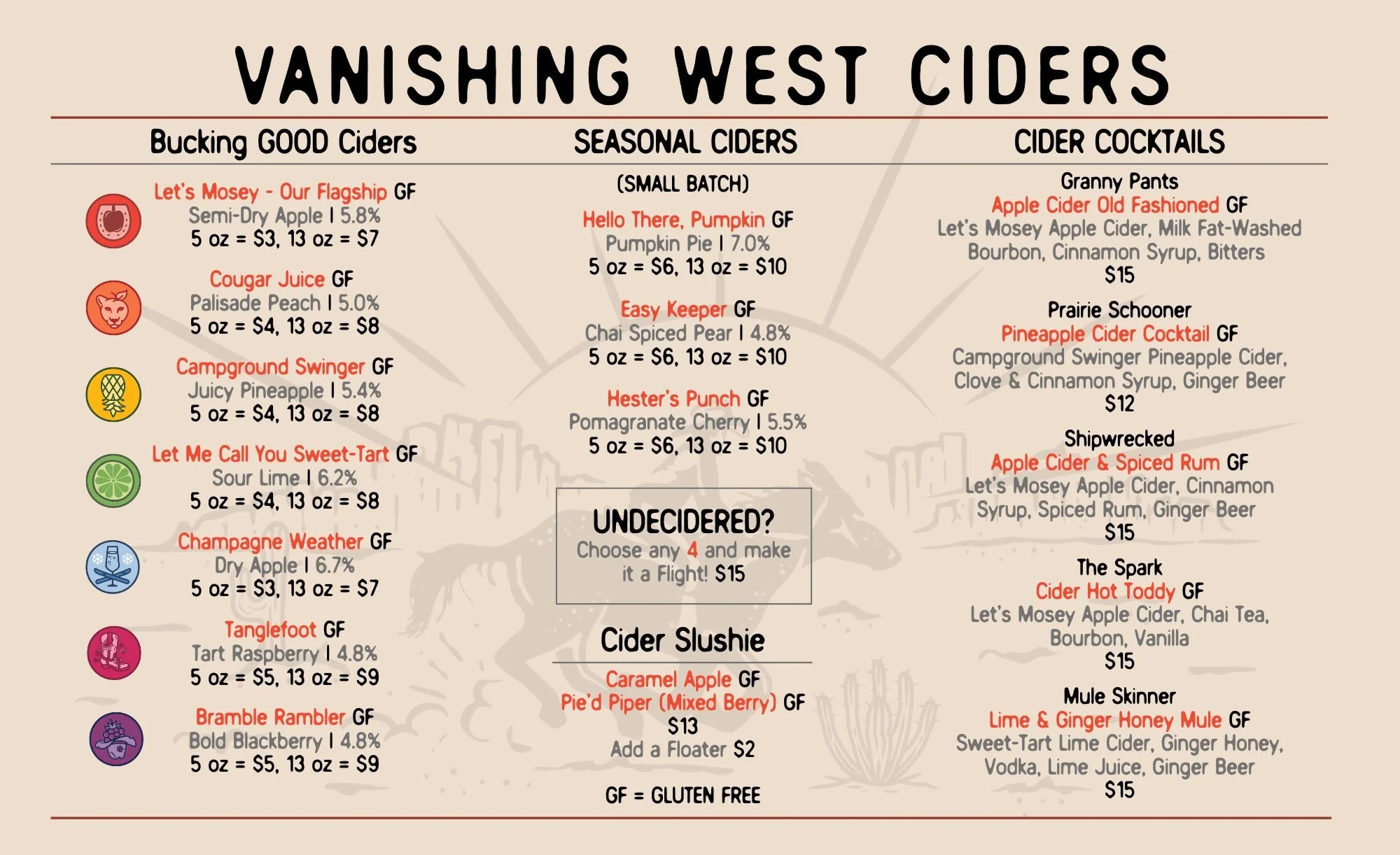 Vanishing West Ciders Cider and Cocktail Menu