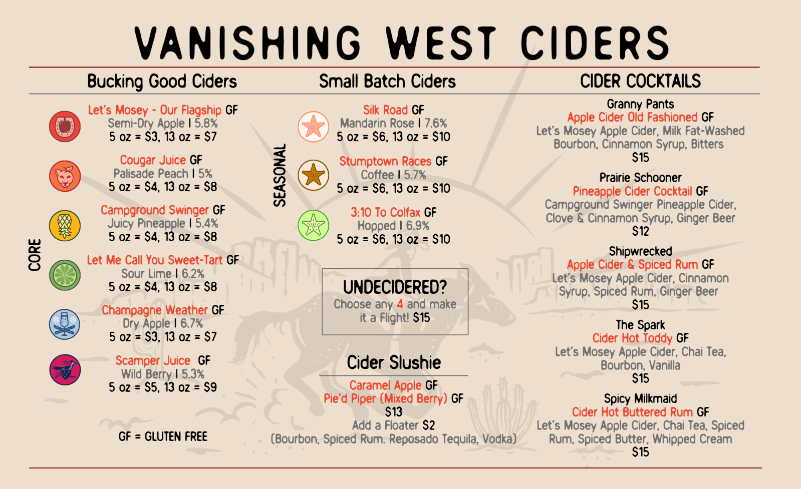 Vanishing West Ciders Cider and Cocktail Menu