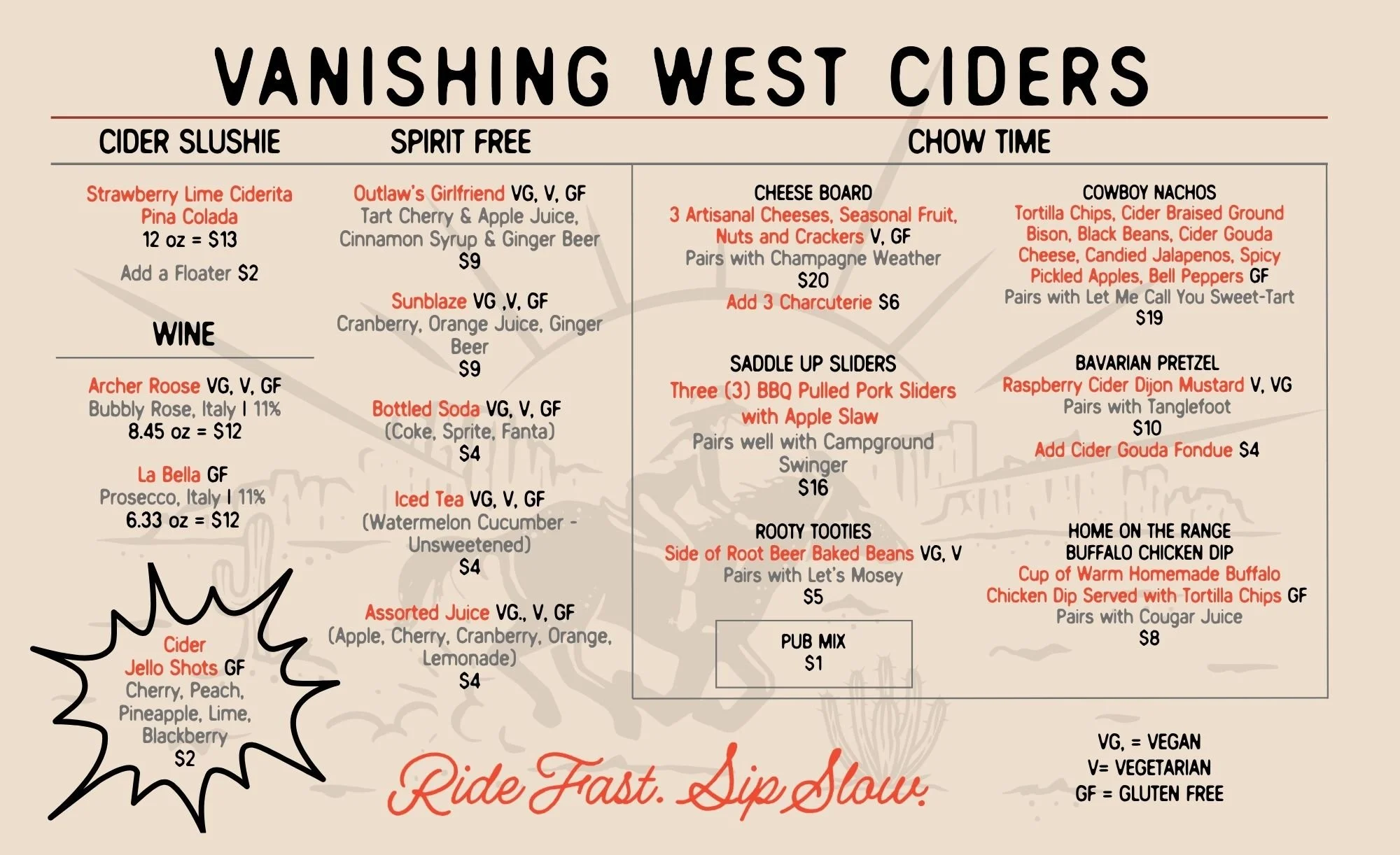 Vanishing West Ciders Cider and Cocktail Menu