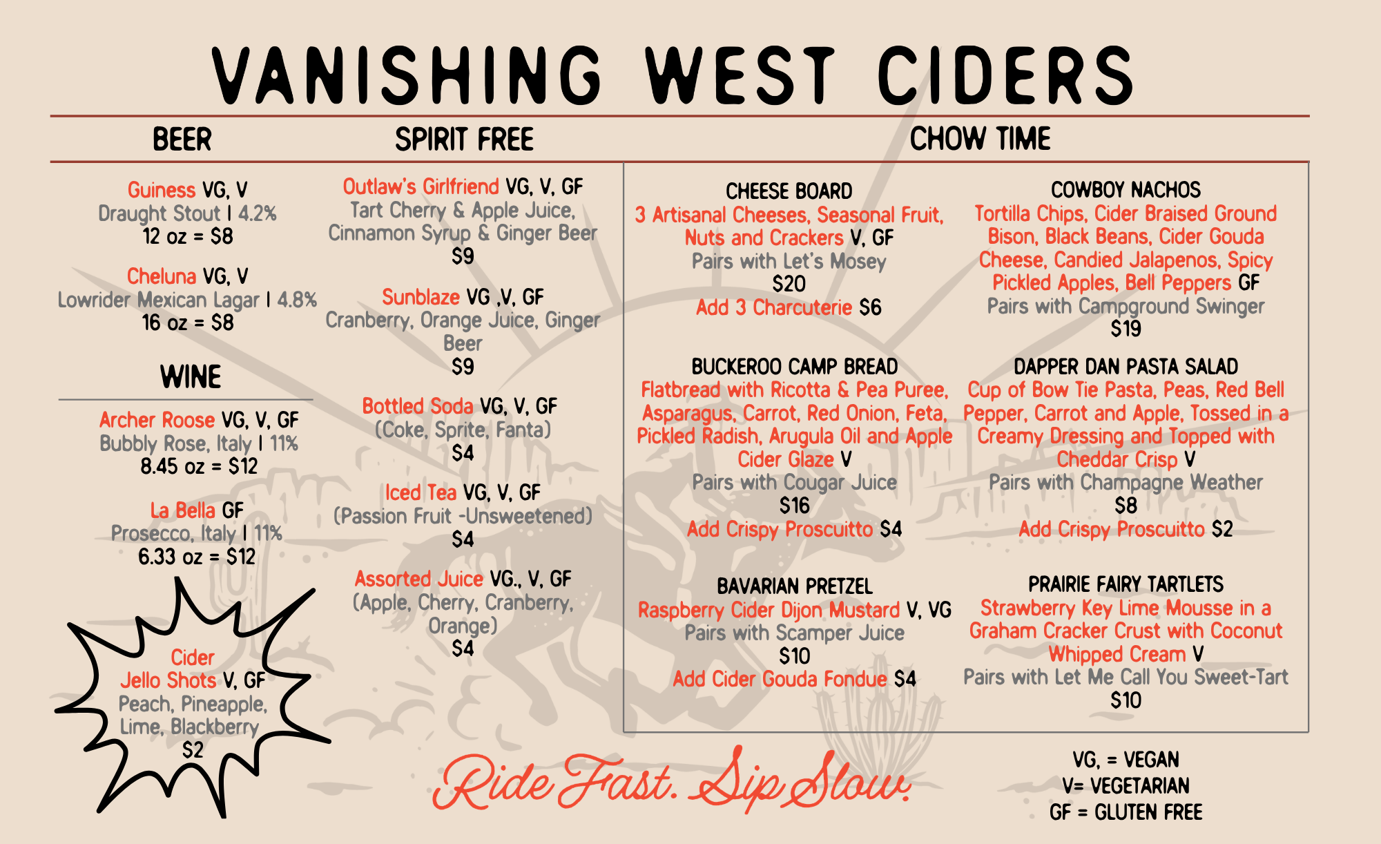 Vanishing West Ciders Beer and Food Menu