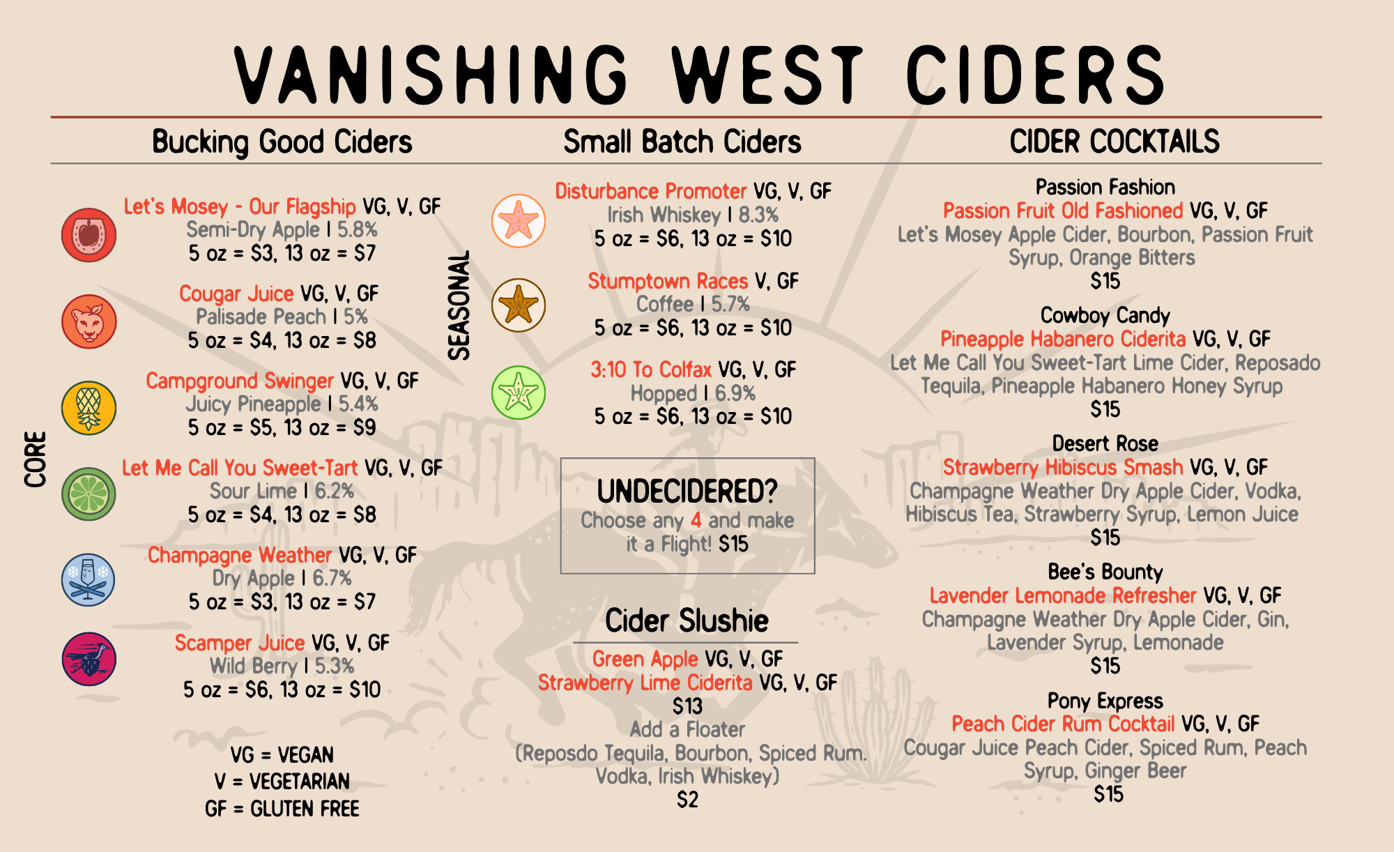 Vanishing West Ciders Cider and Cocktail Menu