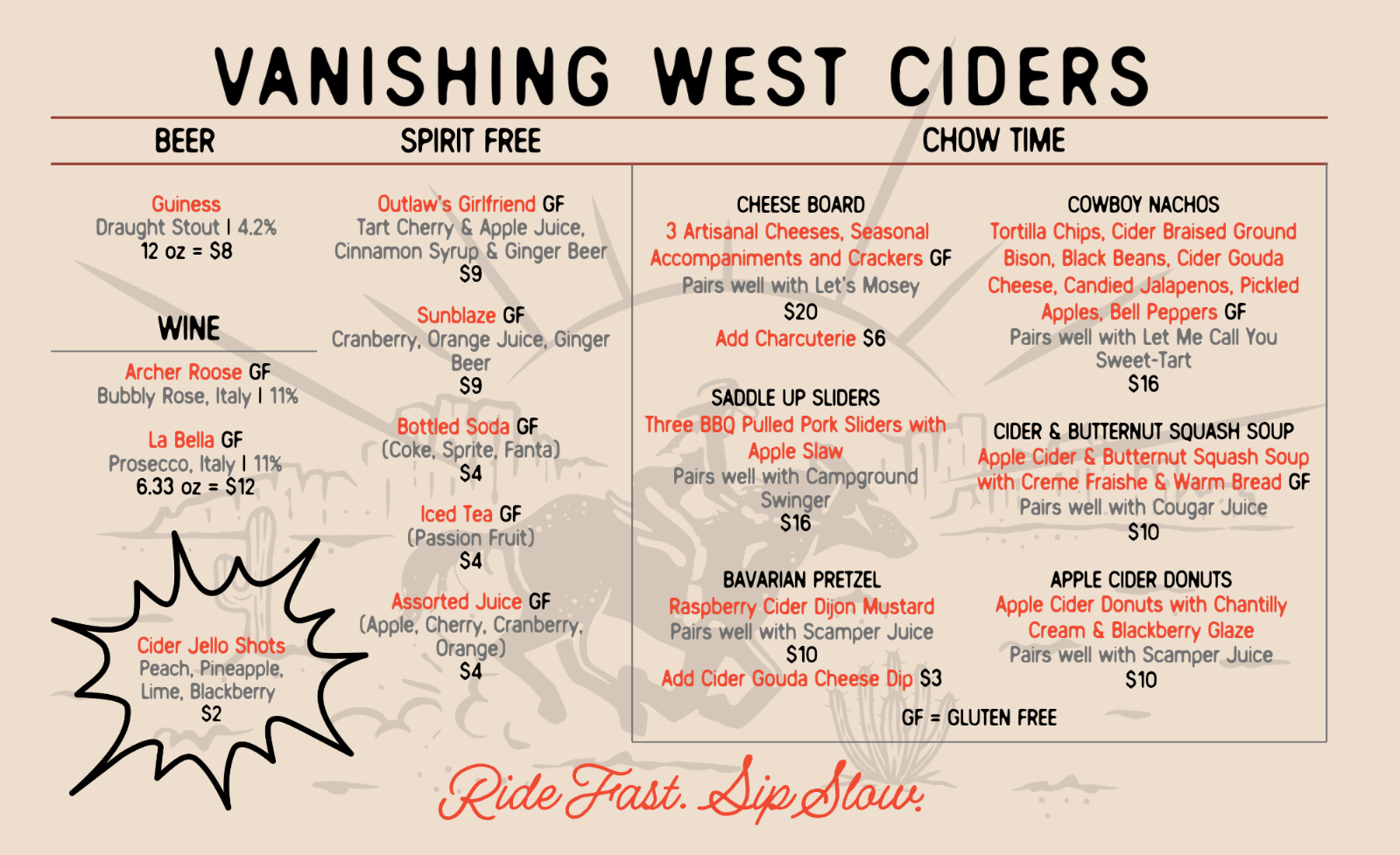 Vanishing West Ciders Beer and Food Menu