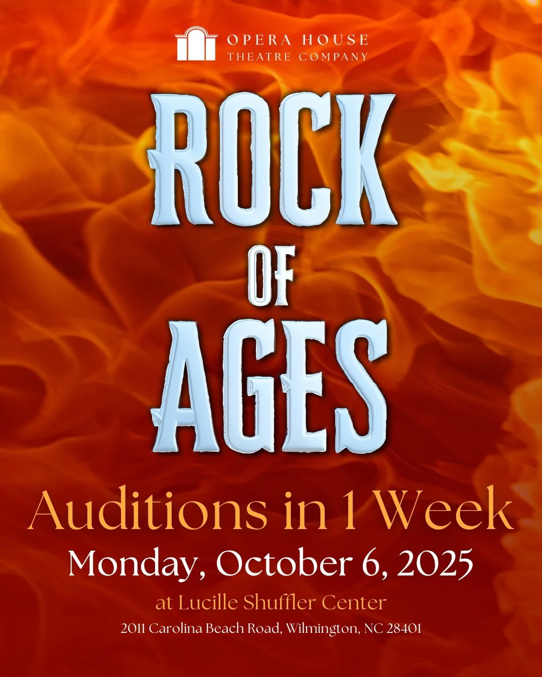 🚨 ONE WEEK until ROCK OF AGES auditions! 🚨

📅 Monday, October 6 at the Lucille Shuffler Center (2011 Carolina Beach Rd, Wilmington, NC). #RockofAges #OHTC 🤘

⏰ Schedule:
6:00 PM &ndash; Vocal Auditions (prepare a song from the show)
8:00 PM &ndas