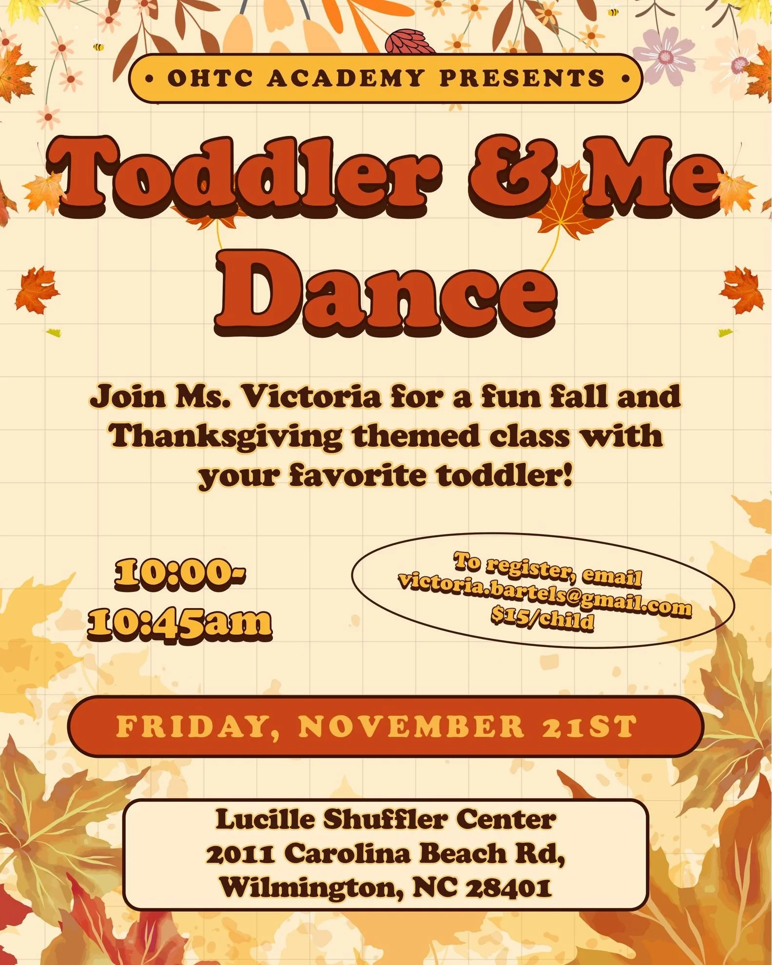 🍂 Bring your little one for a morning of dance, fun, and fall cheer! #FallClass

Join Ms. Victoria Bartels Prince for Toddler &amp; Me Dance &mdash; a Thanksgiving-themed class designed to get you and your toddler moving together. Through music and 