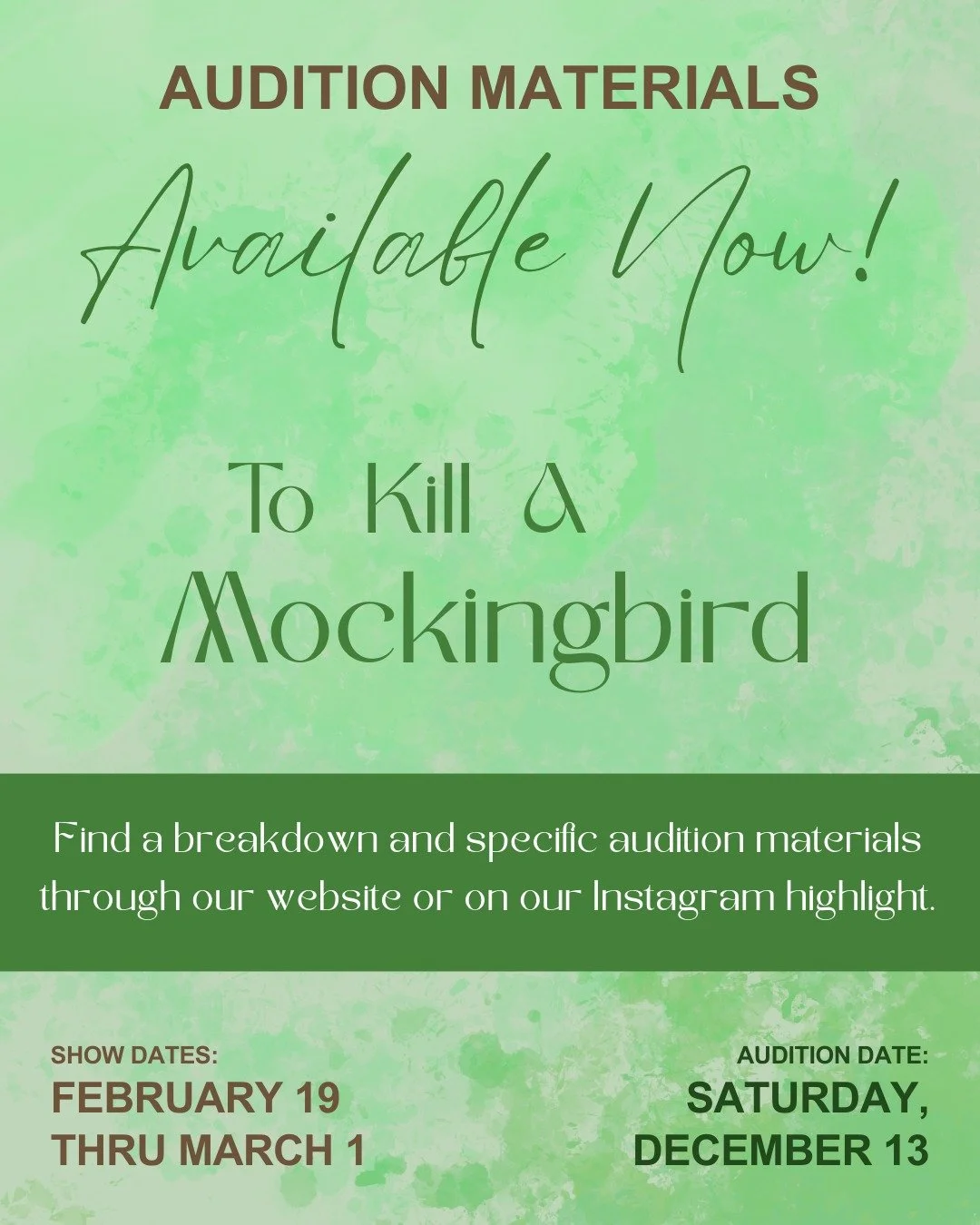 🎭 Audition materials are now available for OHTC&rsquo;s To Kill A Mockingbird! Check out character breakdowns and specific audition scenes at the highlight on our Instagram profile!

Auditions: Sat, Dec 13 @ Lucille Shuffler Center (2011 Carolina Be