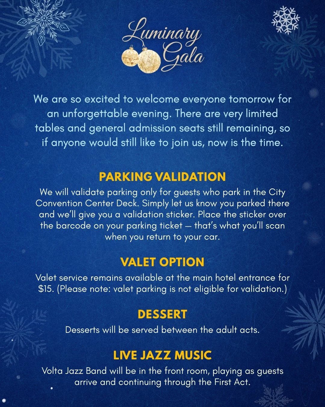 Some Important Updates before the Luminary Gala tomorrow! 💙✨

There are very limited tickets still available if you're interested in joining us tomorrow evening at Aloft Wilmington at Coastline Center! #LuminaryGala