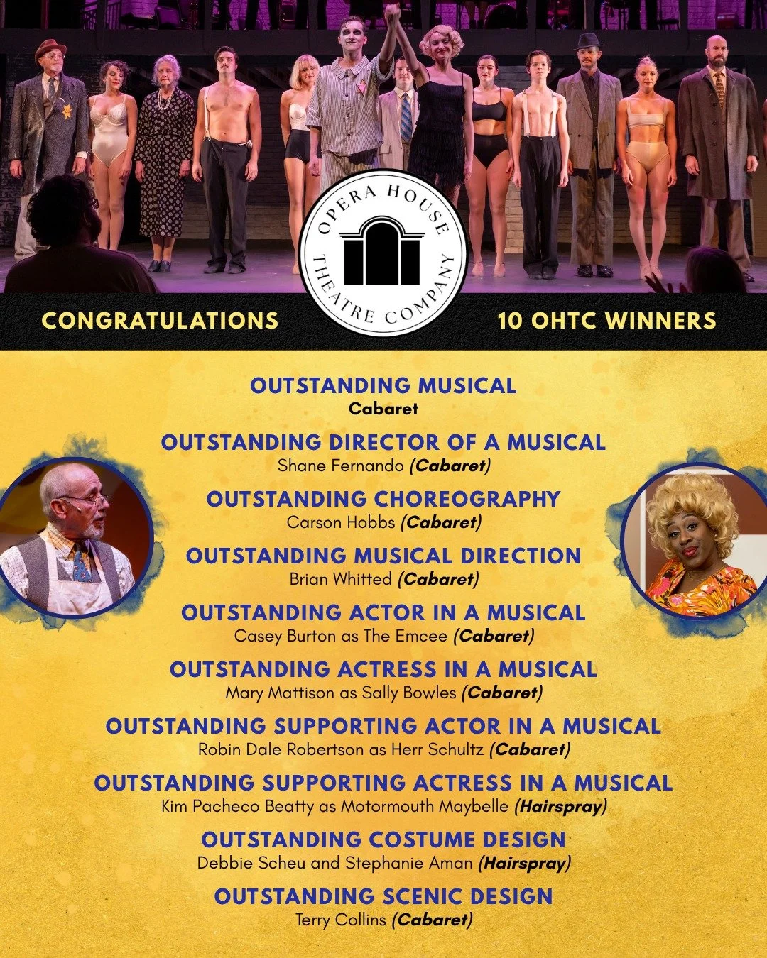 Congratulations to all the winners of last night's Wilmington Theatre Awards, including these 10 wins representing the work of Opera House Theatre Company! 💙 We are so grateful to be part of a thriving local arts scene and look forward to the season