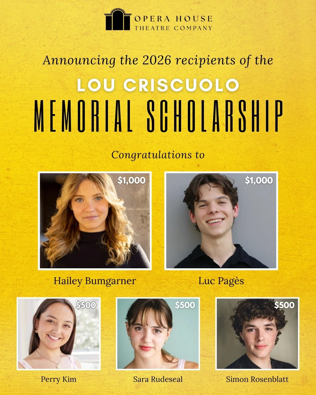 Congratulations to the 2026 recipients of the Lou Criscuolo Memorial Scholarship! ✨ We couldn't be prouder of these five applicants and look forward to their very bright futures ahead, carrying on the legacy of OHTC founder Lou Criscuolo. We wish the